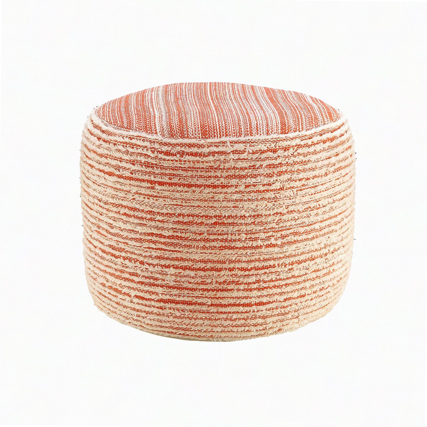 Tropical Coral Distressed Pouf - Textured Ottoman Seat for Living Room, 18x18x14 Inches - Coastal Decor Footstool with White Accents