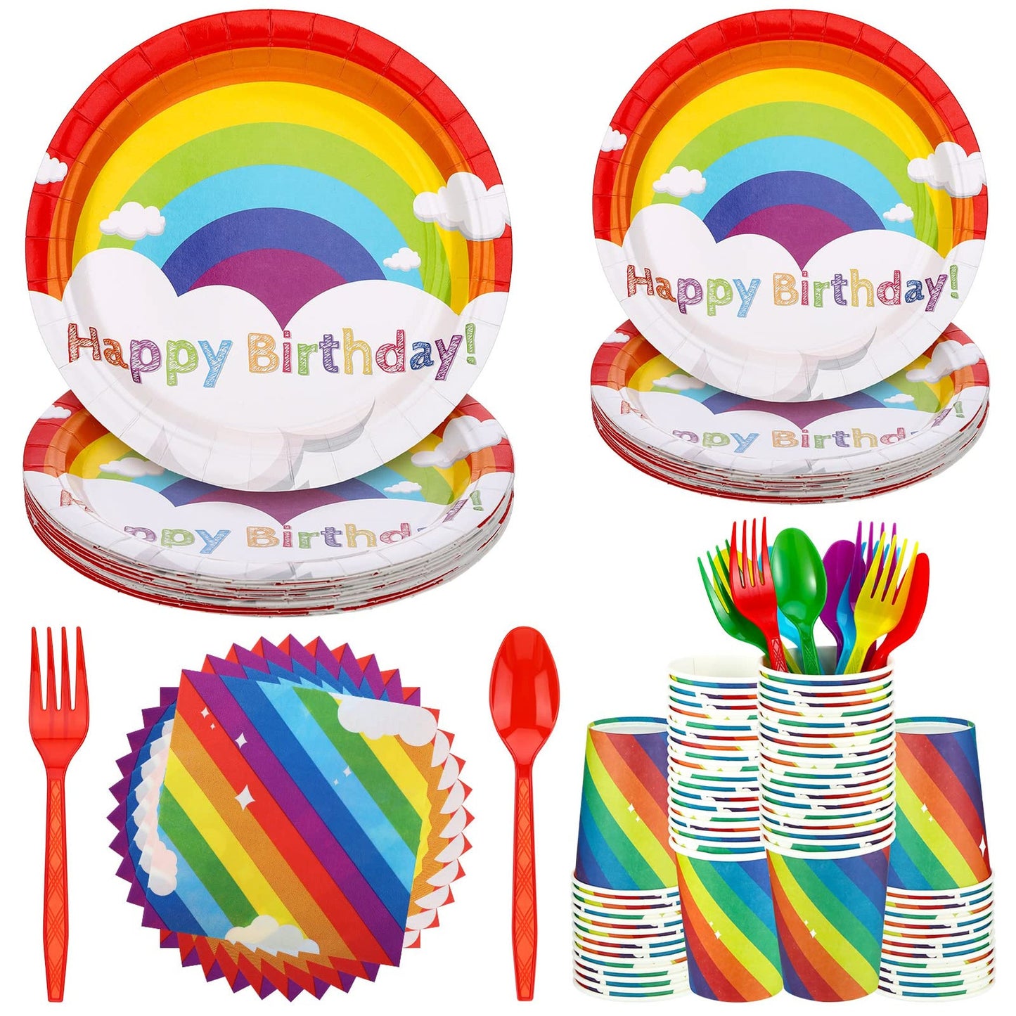 Rainbow Party Pack - 180 Piece Disposable Tableware Set for Baby Birthday Shower, Includes Plates, Napkins, Cups. Colorful Decorations for 30 Guests.