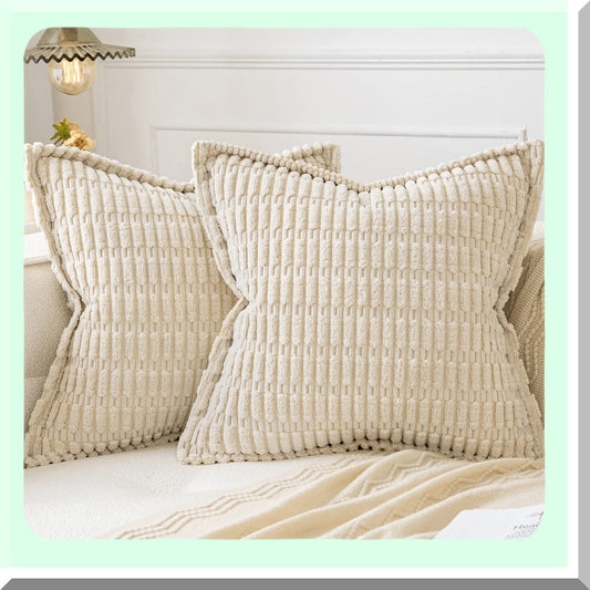 Soft Stripe Corduroy Pillowcase Set - Boho Chic Decorative Throw Pillow Covers (Pack of 2) for Couch, Sofa, Bed - Modern Home Decor - 18x18 Inch