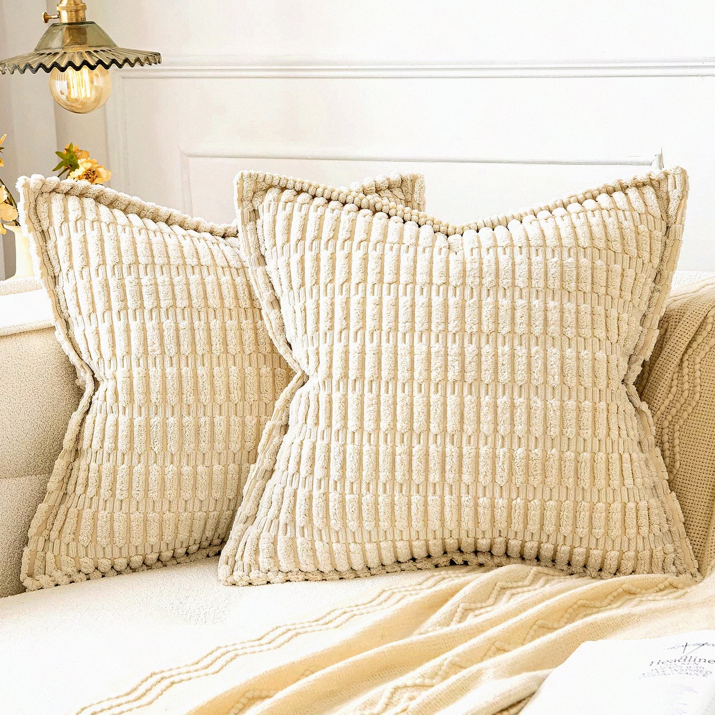 Soft Stripe Corduroy Pillowcase Set - Boho Chic Decorative Throw Pillow Covers (Pack of 2) for Couch, Sofa, Bed - Modern Home Decor - 18x18 Inch