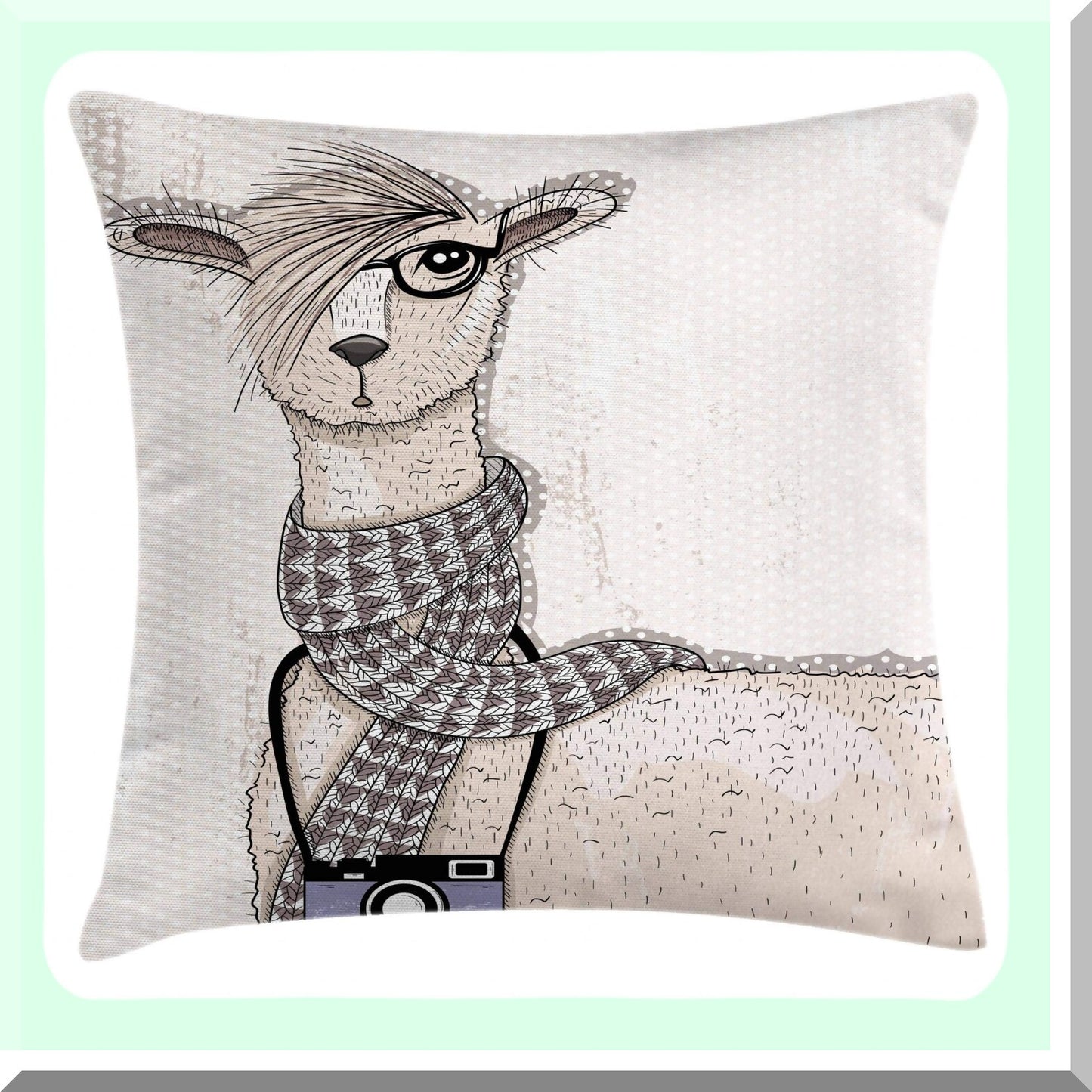 Hipster Llama Dotted Beige Pillow Cover - Decorative Animal Throw Cushion Case, 18" X 18" Ivory Charcoal Accent Square