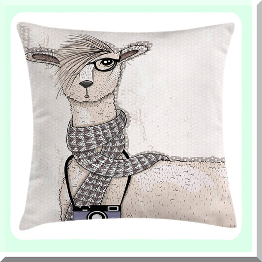 Hipster Llama Dotted Beige Pillow Cover - Decorative Animal Throw Cushion Case, 18" X 18" Ivory Charcoal Accent Square