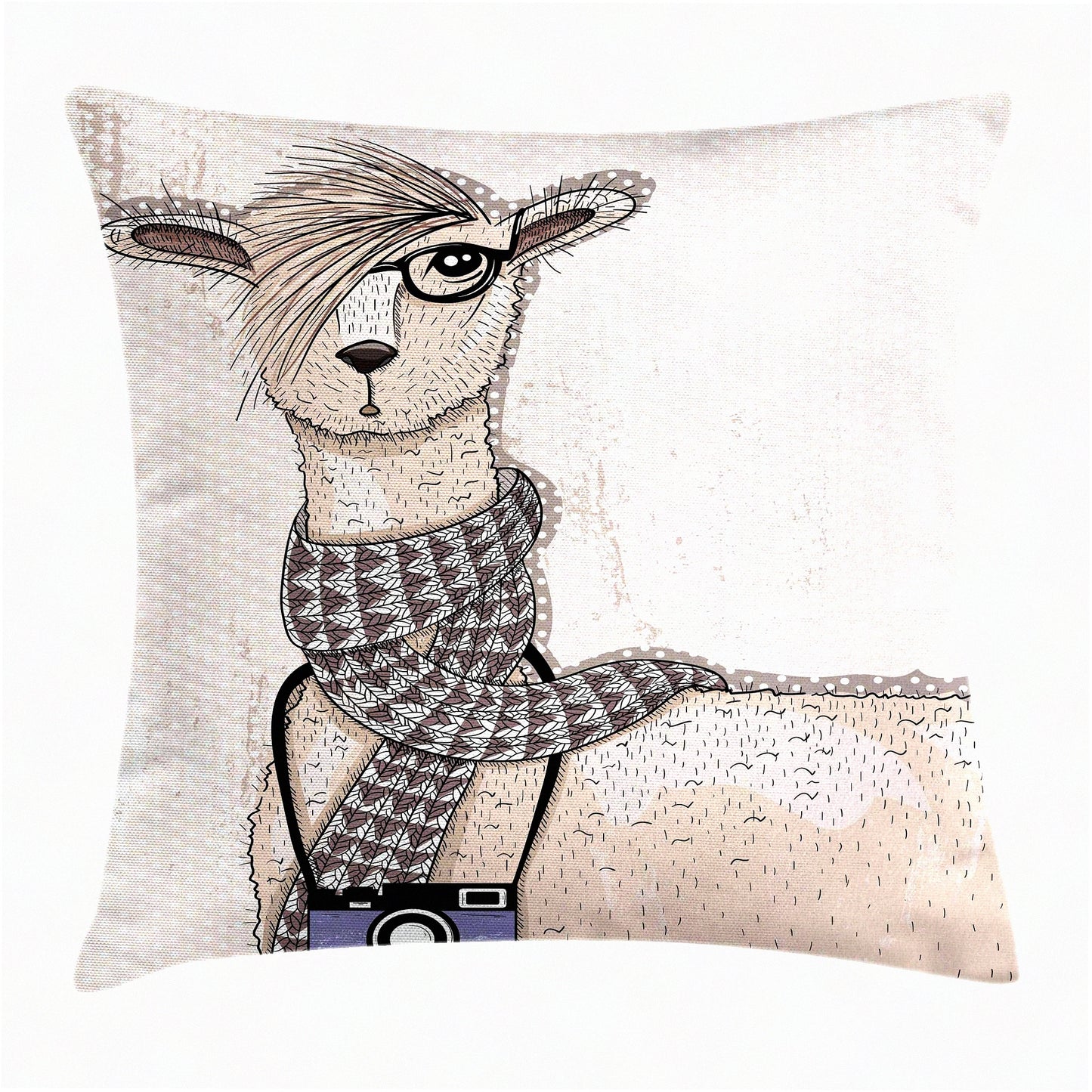 Hipster Llama Dotted Beige Pillow Cover - Decorative Animal Throw Cushion Case, 18" X 18" Ivory Charcoal Accent Square