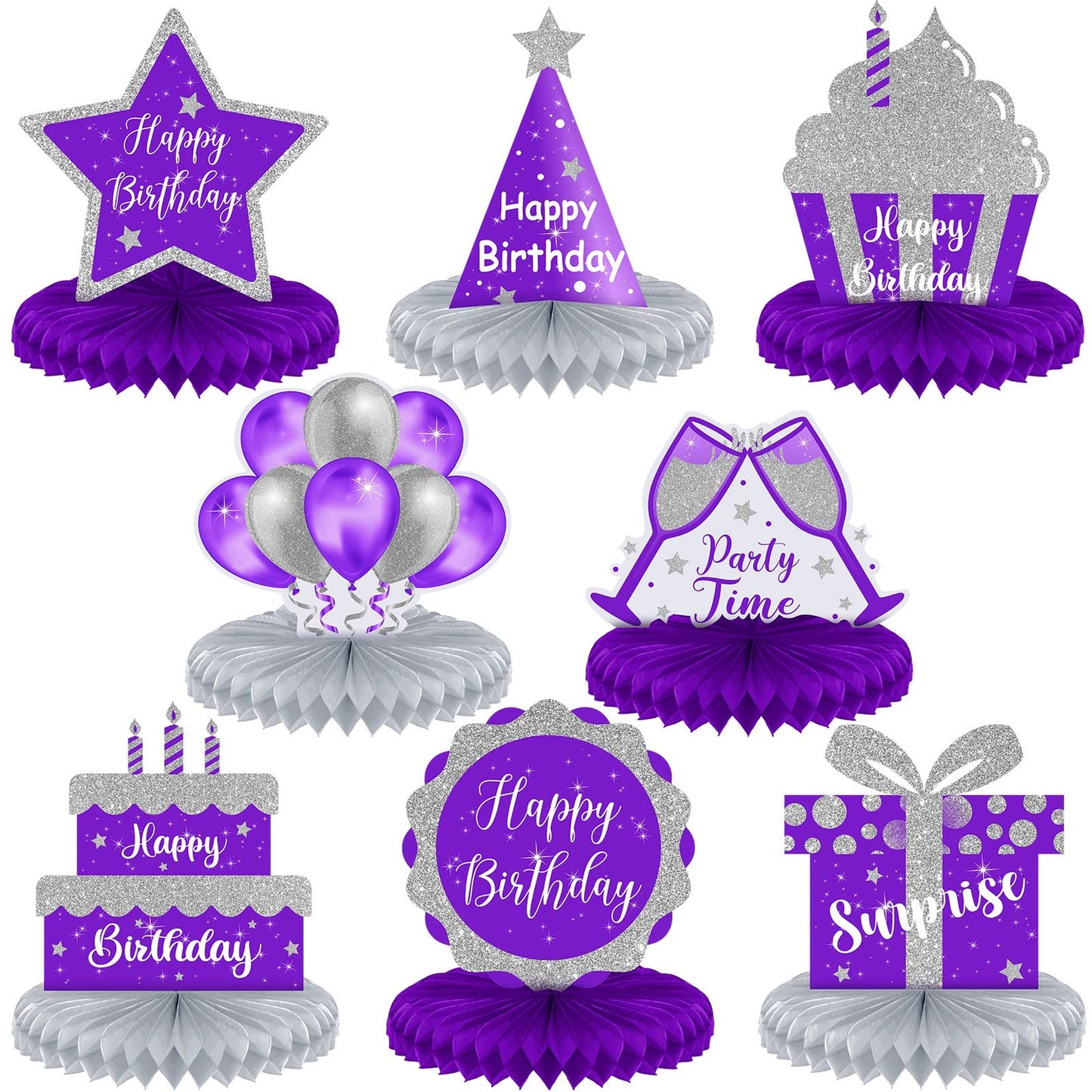 Birthday Bliss Honeycomb Centerpieces - Set of 8 Purple and Silver Table Decorations for Girls, Kids, Men, and Women. Perfect Party Supplies!