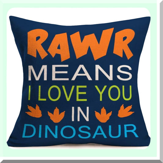 RAWR Love Letters Cotton Linen Pillow Cover - Multicolor Quote Cushion Case for Sofa Home Decor - 18"x18" Dinosaur Theme Throw Pillow