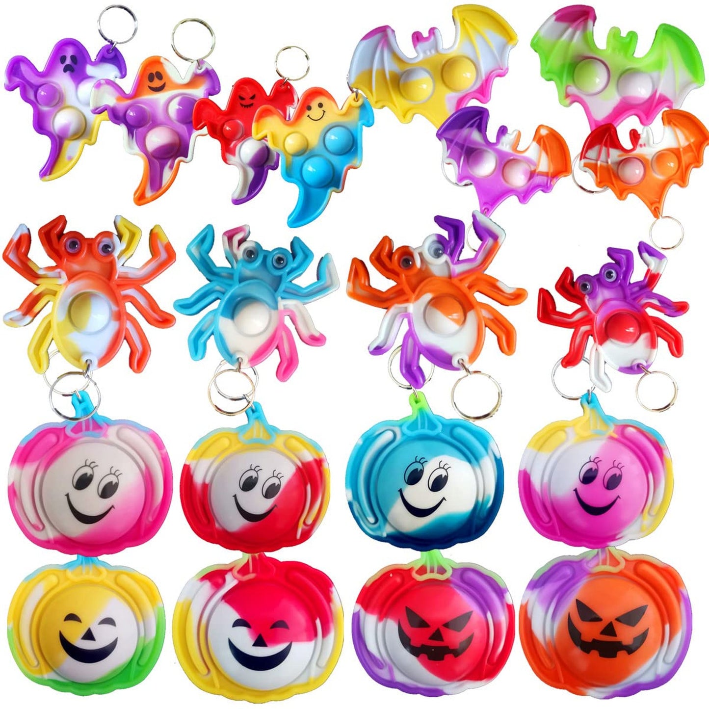 Halloween Fidget Bubble Pop Keychain Party Pack - 50 Bulk Student Gift Packs with Ghost Pumpkin Spider bat Theme for Birthday Prizes & Supplies