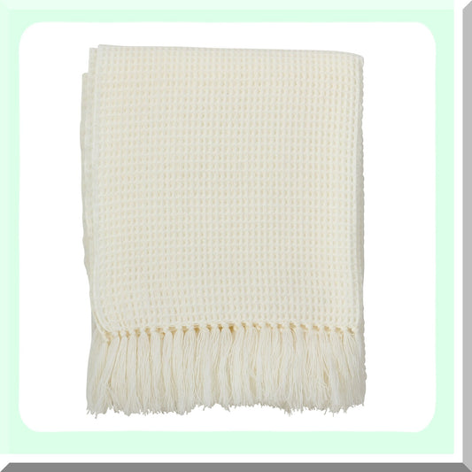 CozyWaffle Ivory Throw Blanket - 50"x60" Luxurious Waffle Weave Design with Elegant Trim