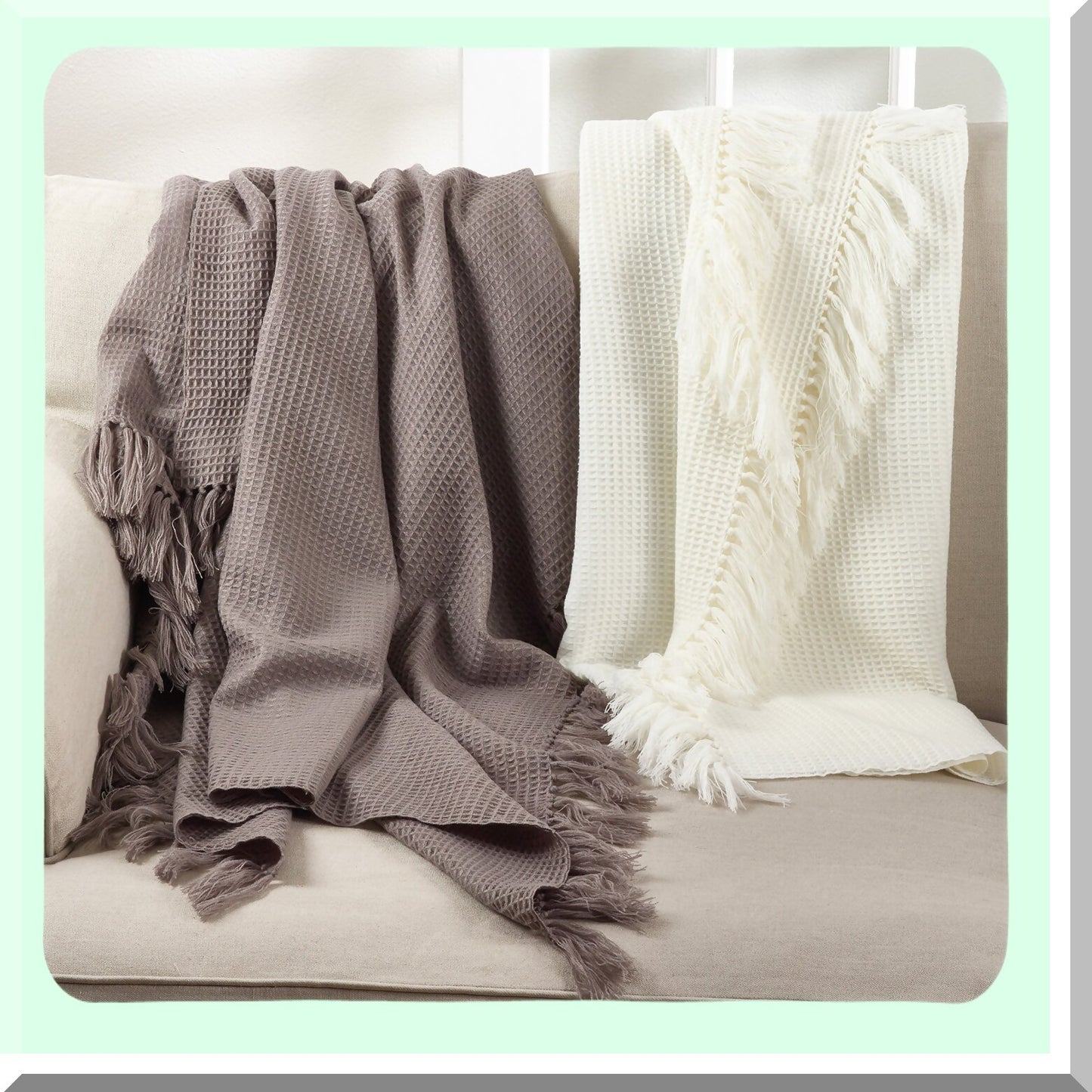 CozyWaffle Ivory Throw Blanket - 50"x60" Luxurious Waffle Weave Design with Elegant Trim