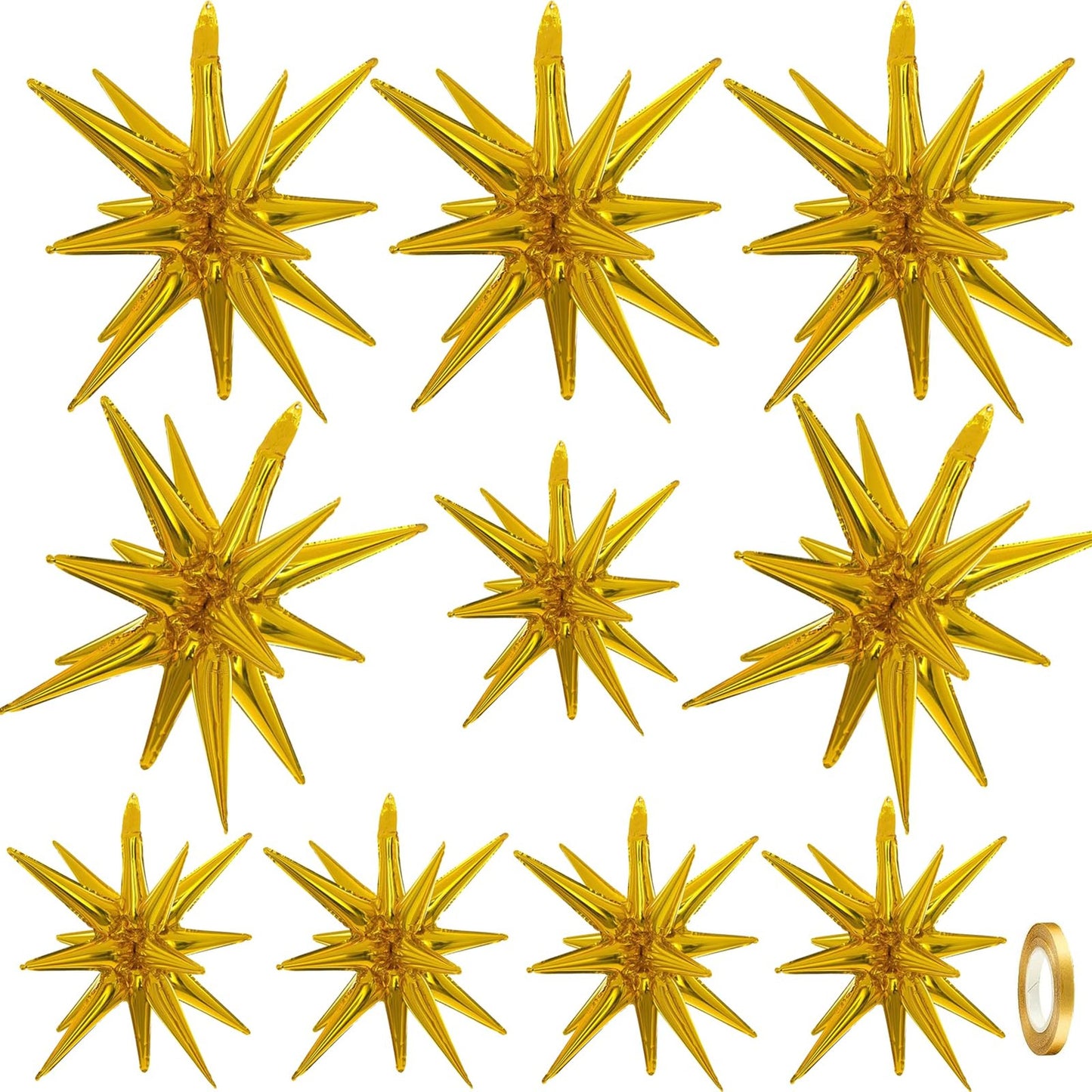Starburst Spike Balloons - 10 Pack of Gold Explosion Star Aluminum F Balloons for Mother's Day, Birthday, Wedding Anniversary, Graduation, and Disco Party Decor.