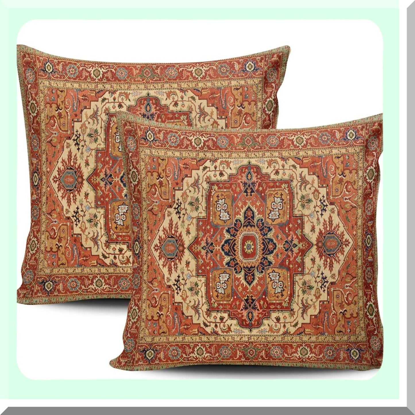 Persian Rug Inspired Pillowcase Set - Decorative Throw Pillow Covers with Square Design, Double-Sided Print - 22x22 Inches - Pack of 2