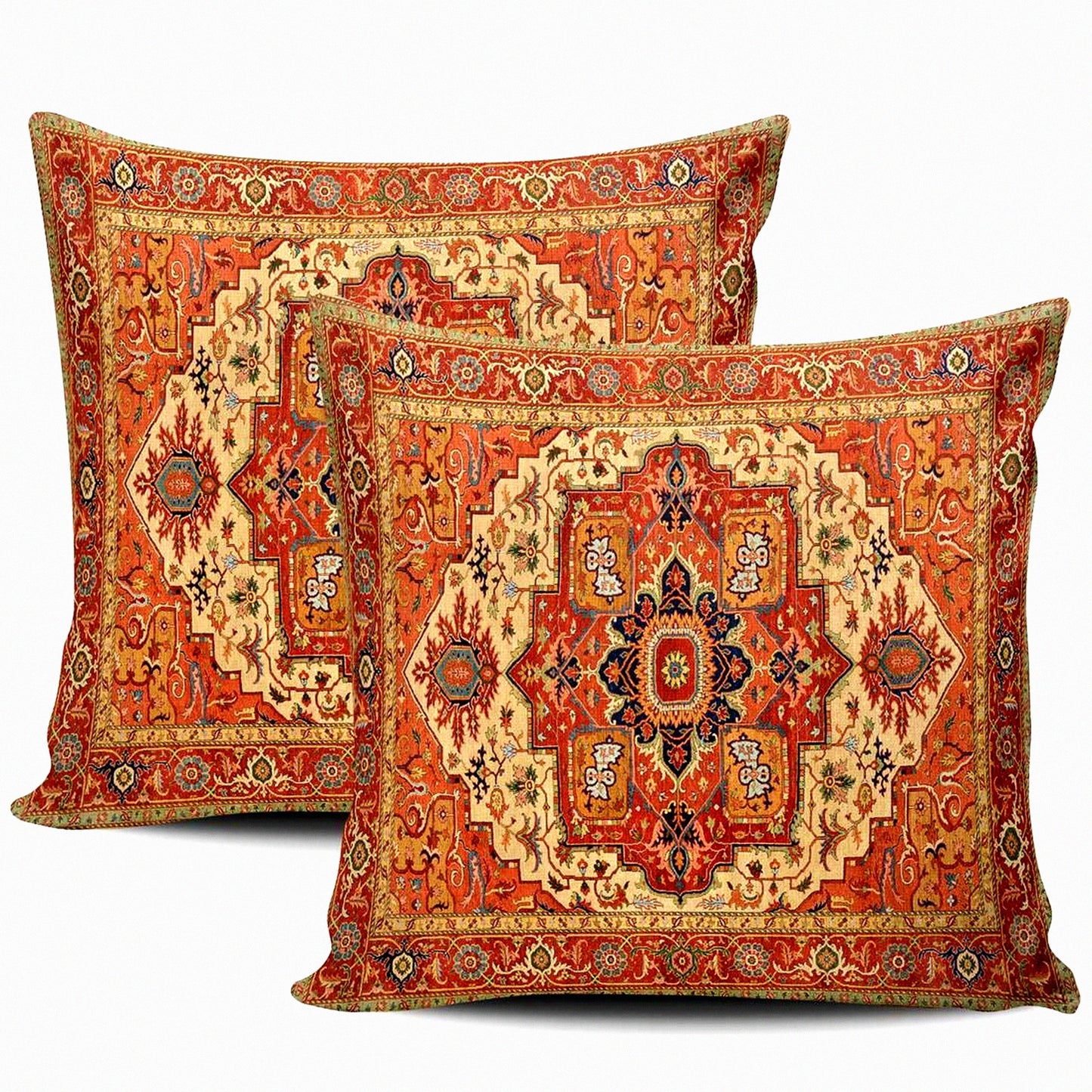 Persian Rug Inspired Pillowcase Set - Decorative Throw Pillow Covers with Square Design, Double-Sided Print - 22x22 Inches - Pack of 2