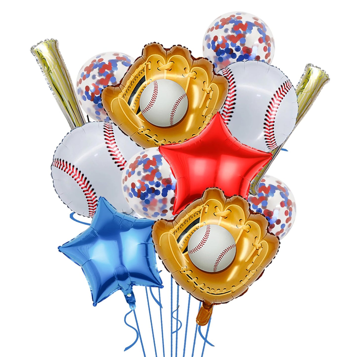 Baseball Bash Balloon Bundle - Jumbo Glove & Bat Mylar Balloons, Red & Blue Confetti Balloons for Sports Theme Birthday Party & Baby Shower Decor