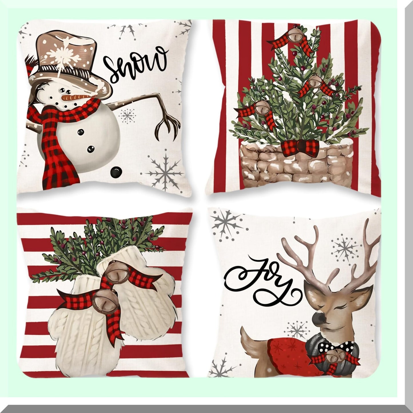 Winter Wonderland Pillow Cover Set - Snowman Reindeer Gloves Throw Pillows - Red Stripe Holiday Decoration - Sofa Couch Home Decor - 18x18 Set of 4