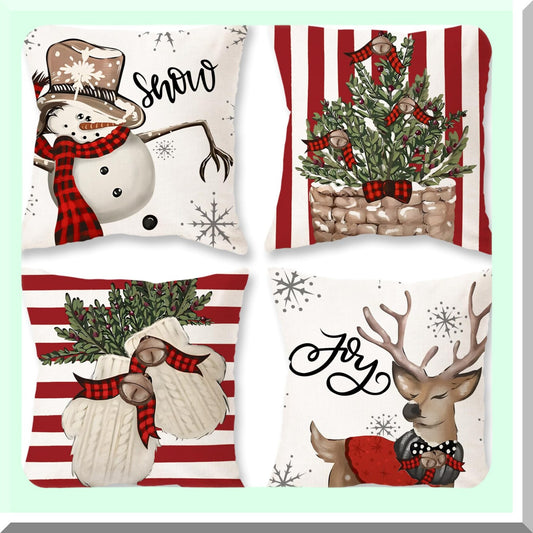 Winter Wonderland Pillow Cover Set - Snowman Reindeer Gloves Throw Pillows - Red Stripe Holiday Decoration - Sofa Couch Home Decor - 18x18 Set of 4