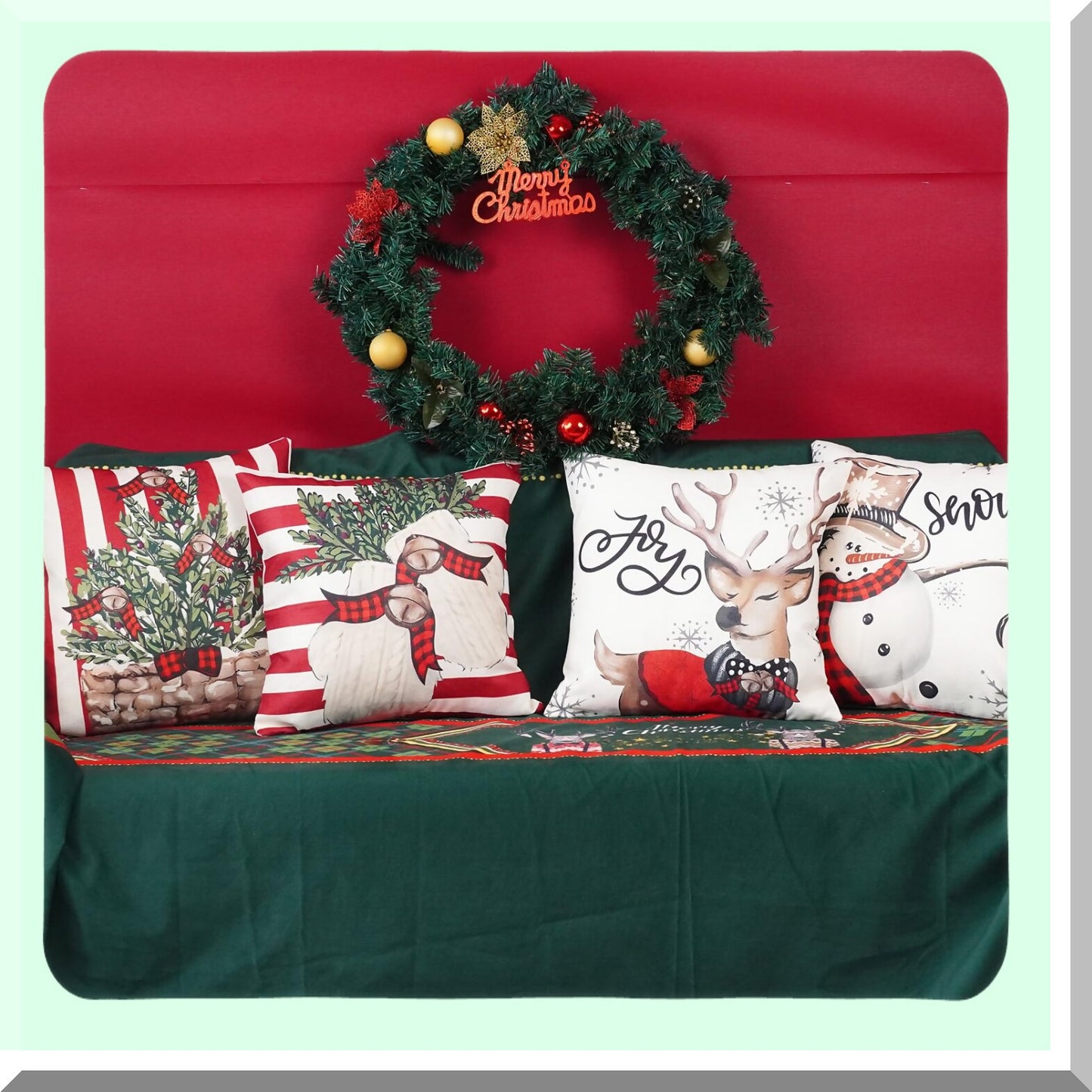 Winter Wonderland Pillow Cover Set - Snowman Reindeer Gloves Throw Pillows - Red Stripe Holiday Decoration - Sofa Couch Home Decor - 18x18 Set of 4