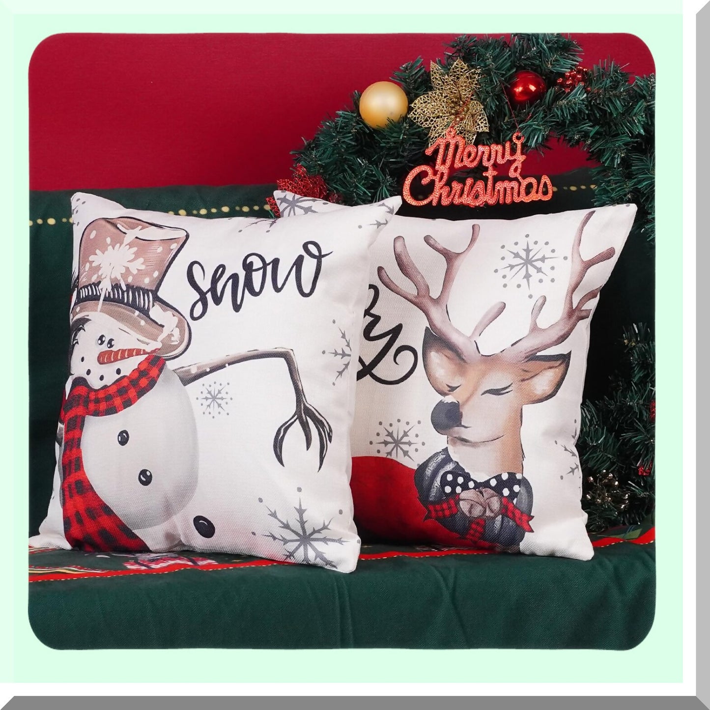 Winter Wonderland Pillow Cover Set - Snowman Reindeer Gloves Throw Pillows - Red Stripe Holiday Decoration - Sofa Couch Home Decor - 18x18 Set of 4