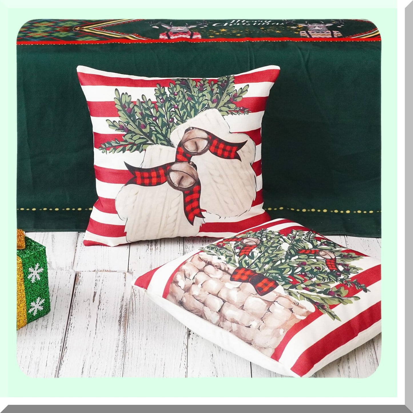 Winter Wonderland Pillow Cover Set - Snowman Reindeer Gloves Throw Pillows - Red Stripe Holiday Decoration - Sofa Couch Home Decor - 18x18 Set of 4