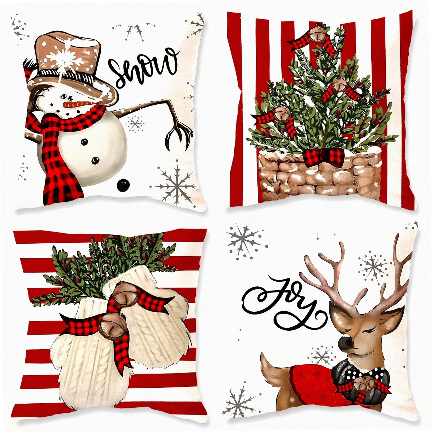 Winter Wonderland Pillow Cover Set - Snowman Reindeer Gloves Throw Pillows - Red Stripe Holiday Decoration - Sofa Couch Home Decor - 18x18 Set of 4