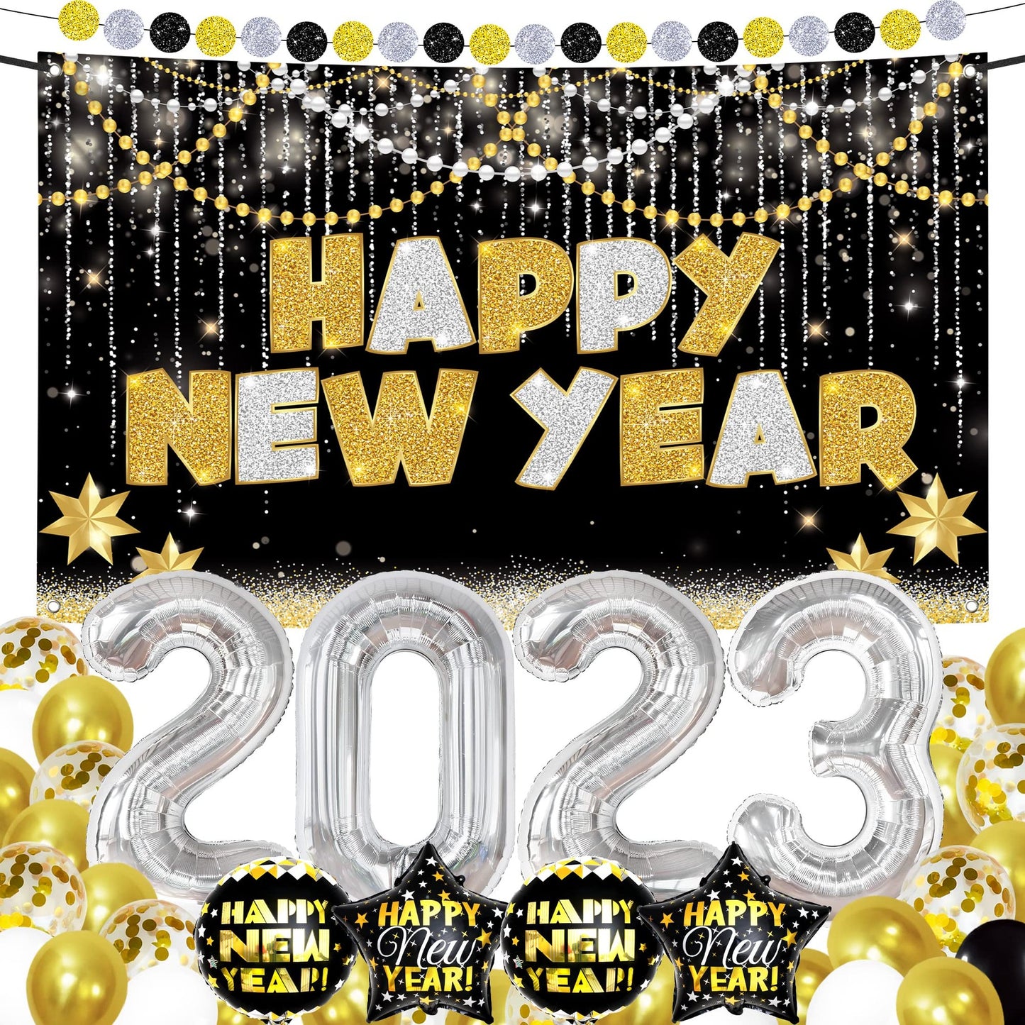 Silver Sparkle 2023 Party Pack - Includes 42-Piece New Year's Eve Decor Set with Banner, 40" Balloons, and Festive Decorations for NYE Celebrations