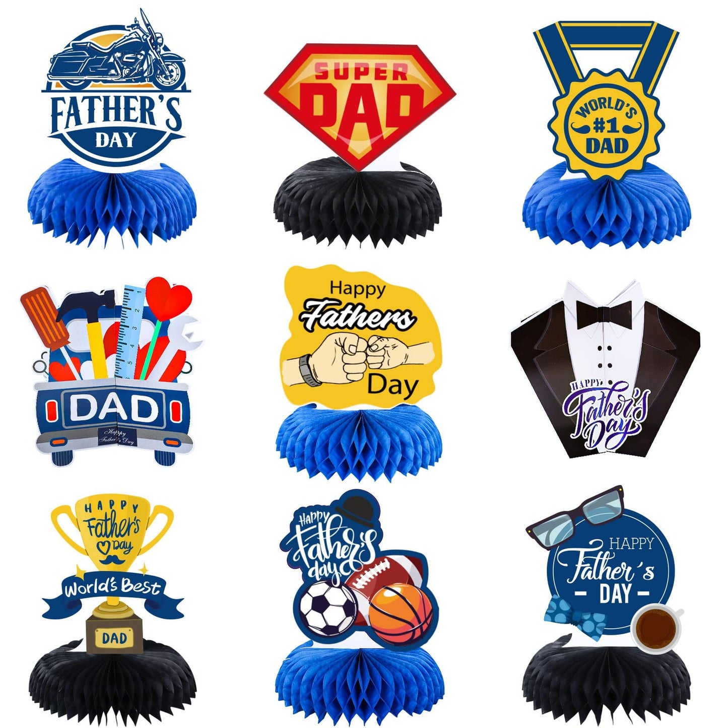 Father's Day Trophy Table Toppers - 9Pcs DAD Medal Suit Bow Tie Centerpieces in Black Blue Honeycomb Pattern. Perfect for Grandfather Birthday Party Decor!