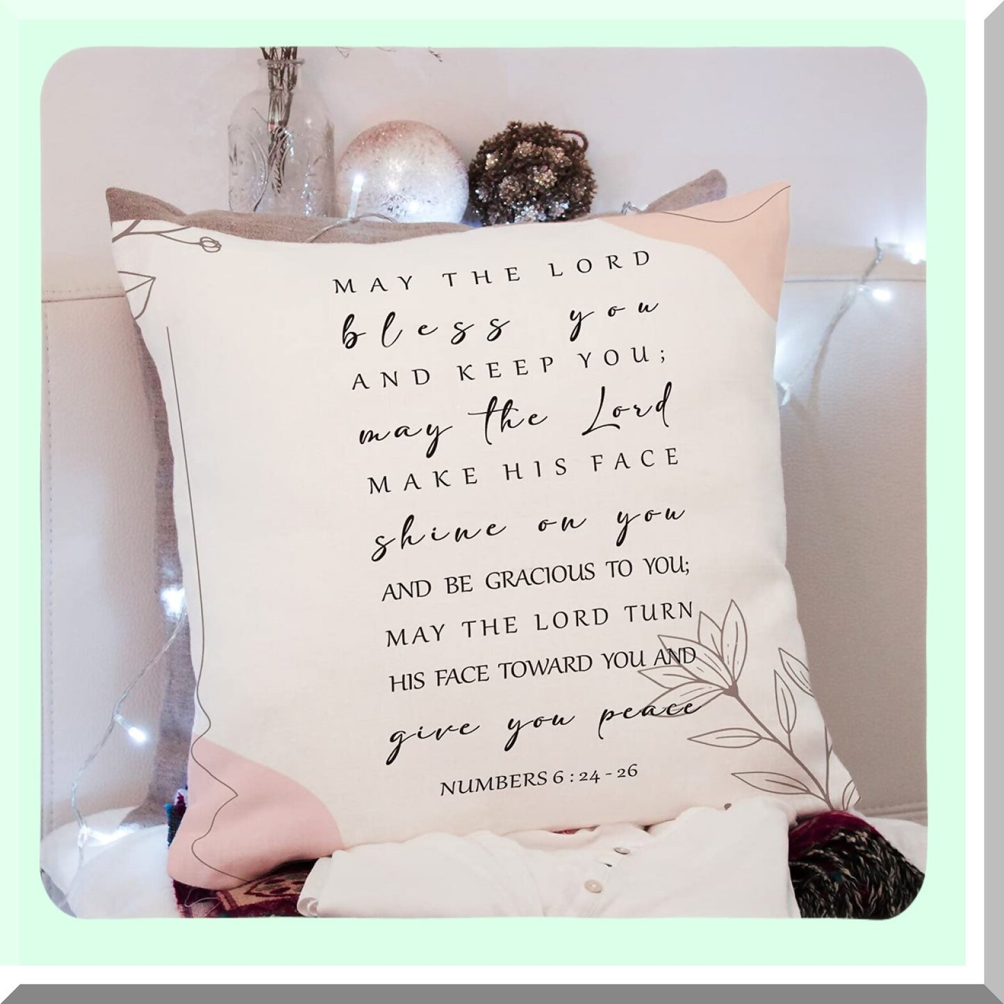 Blessed Verse Pillow Cover - Scripture Art Farmhouse Decor - Christian Religious Gift - Church Home Office Bedroom Living Room Porch Decoration - 18x18 Inches