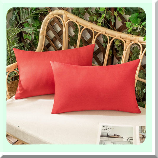 Waterproof Farmhouse Linen Throw Pillow Covers - Set of 2 Red Decorative Cushion Cases for Outdoor Bedroom Living Room Sofa Chairs 12x20 inch