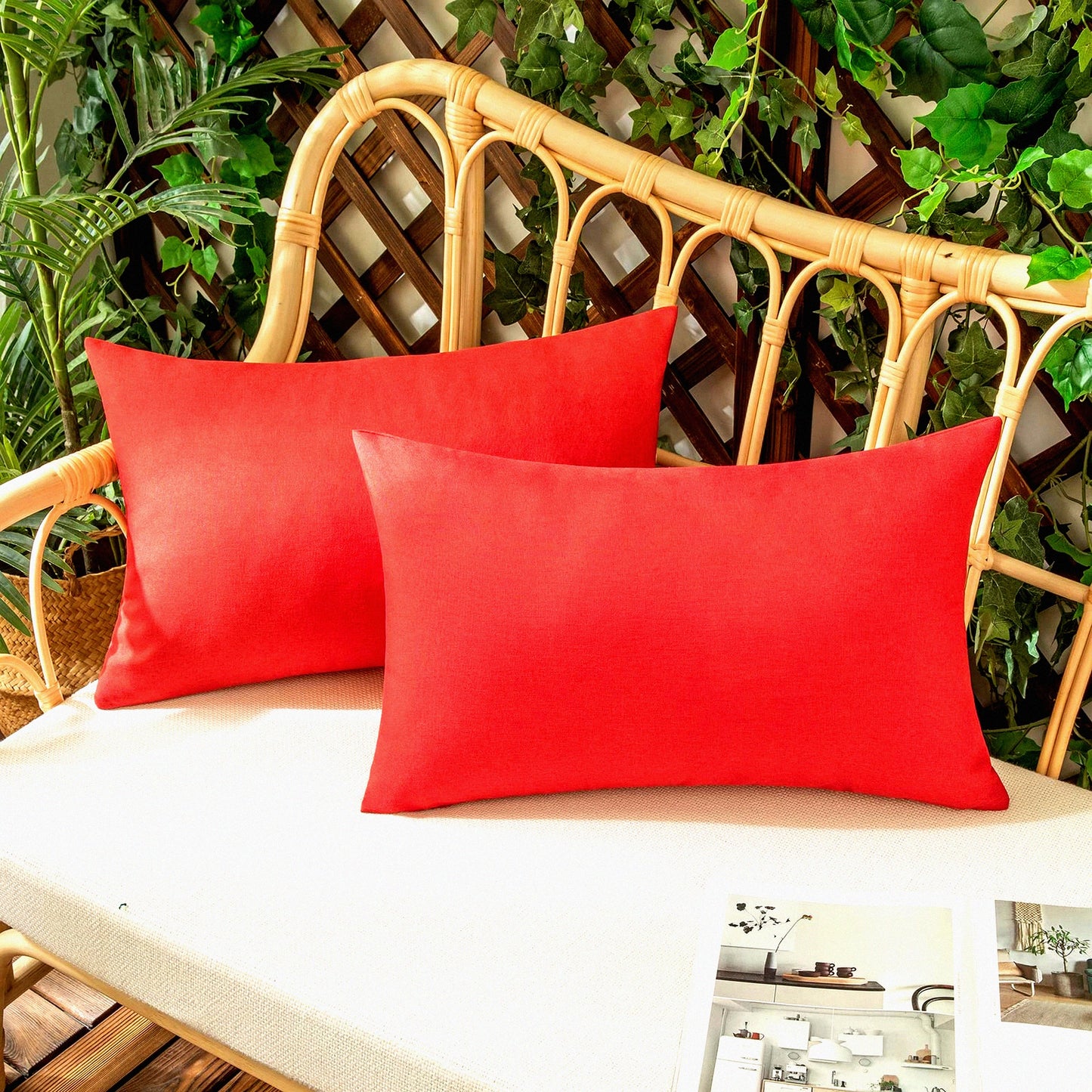 Waterproof Farmhouse Linen Throw Pillow Covers - Set of 2 Red Decorative Cushion Cases for Outdoor Bedroom Living Room Sofa Chairs 12x20 inch