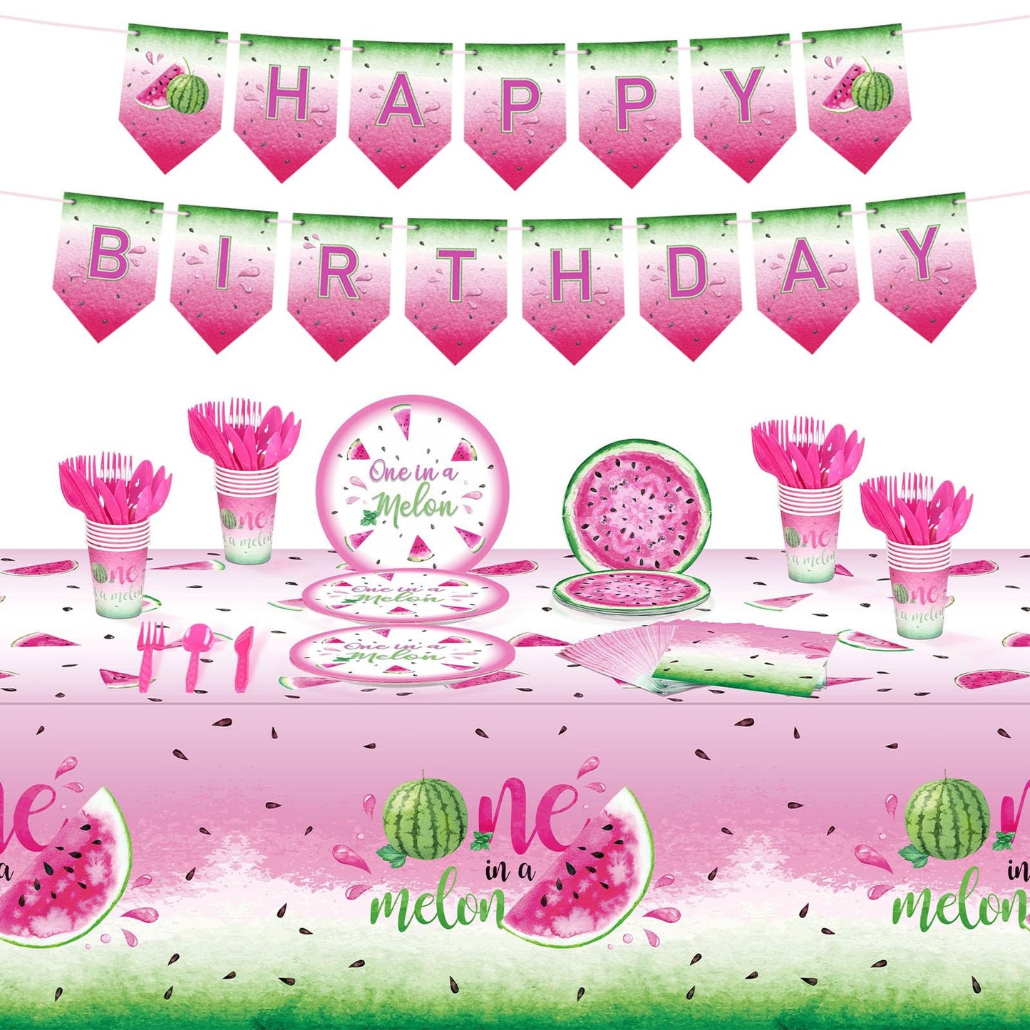 Watermelon Bash Party Pack - Complete set of 171 Watermelon themed party supplies for a fun and fruity celebration! Perfect for girls birthday parties and baby showers, serving up to 24 guests.
