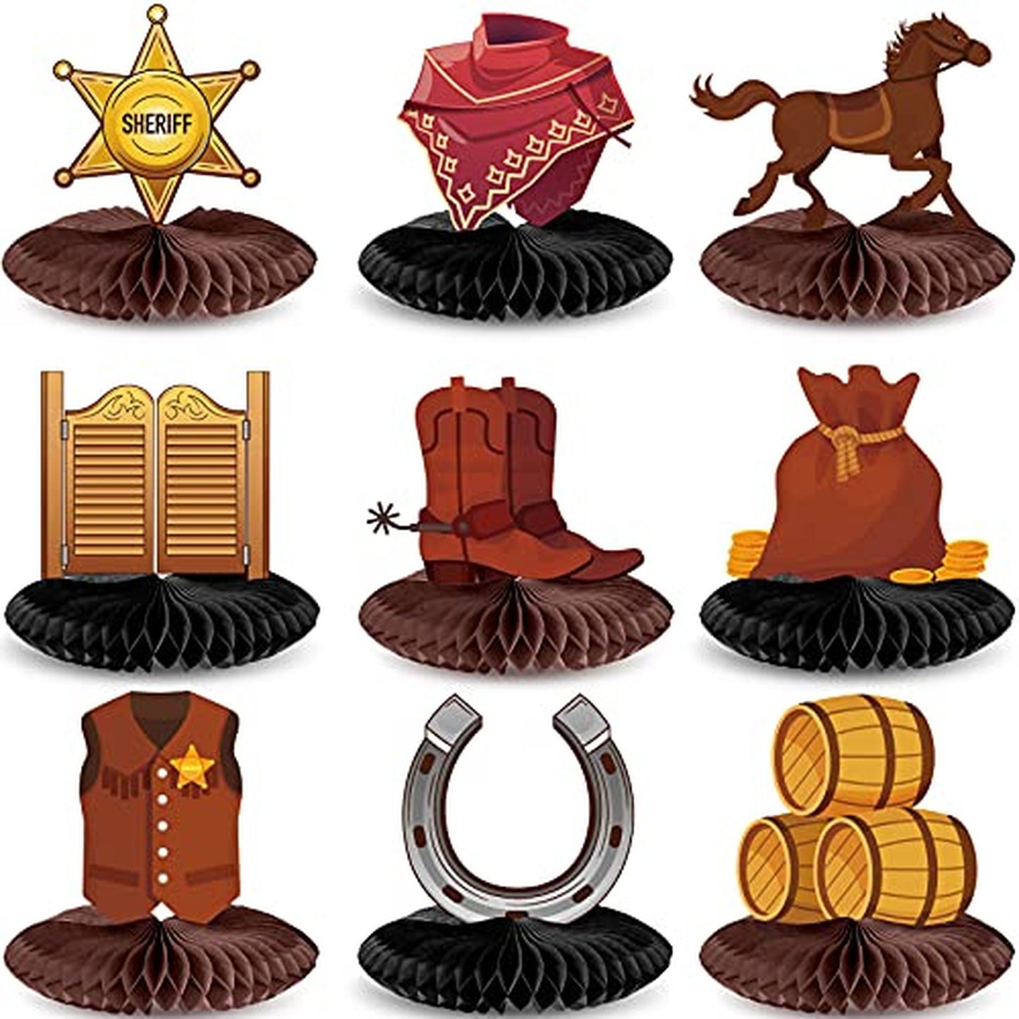 Cowboy Western Party Decorations Set of 9 Honeycomb Centerpieces