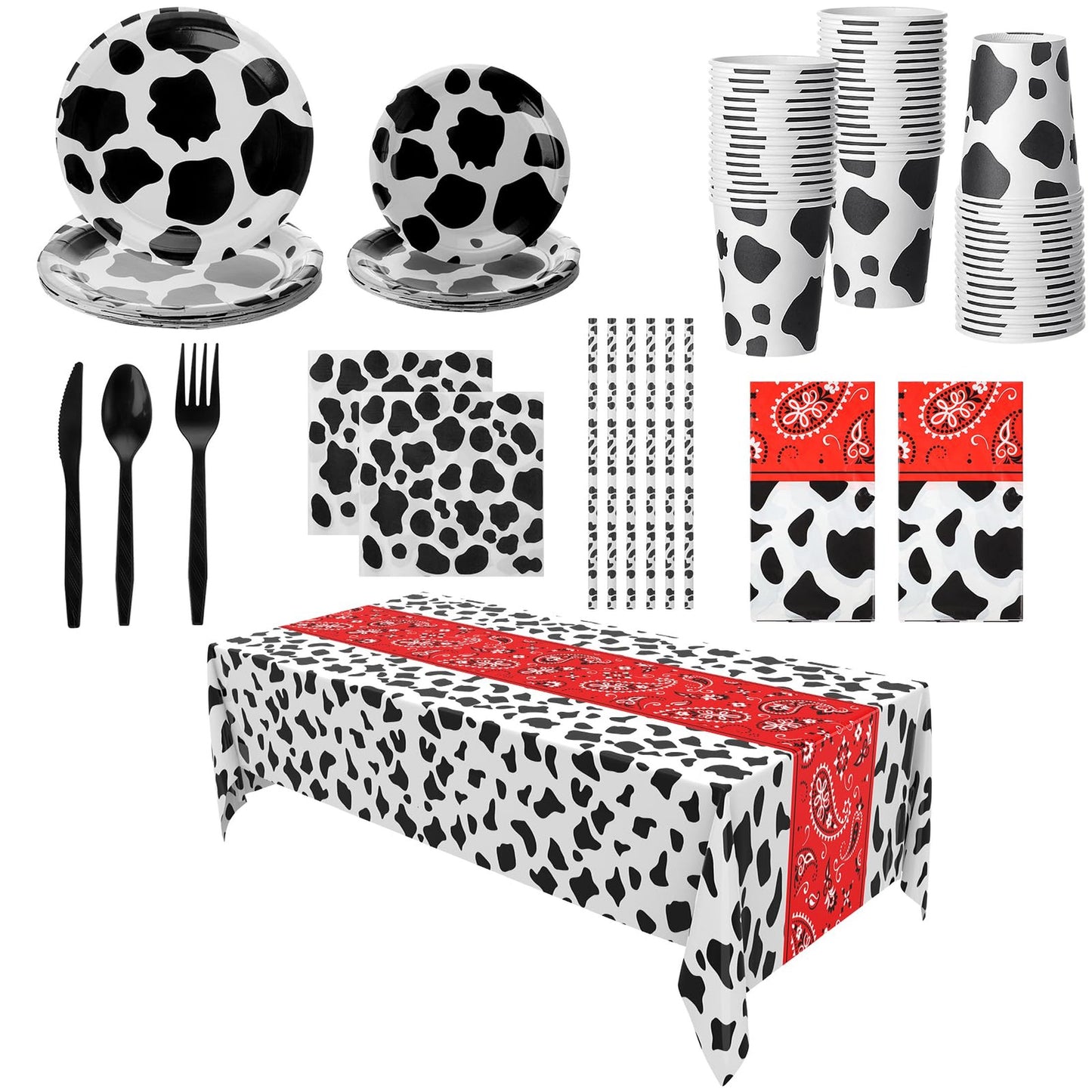 CowPrint Party Pack - Complete Dinnerware Set for 20 Guests with Tablecloth, Plates, Napkins, Table Runner, and Decorations in Black & White. Perfect for Cow Themed Parties!