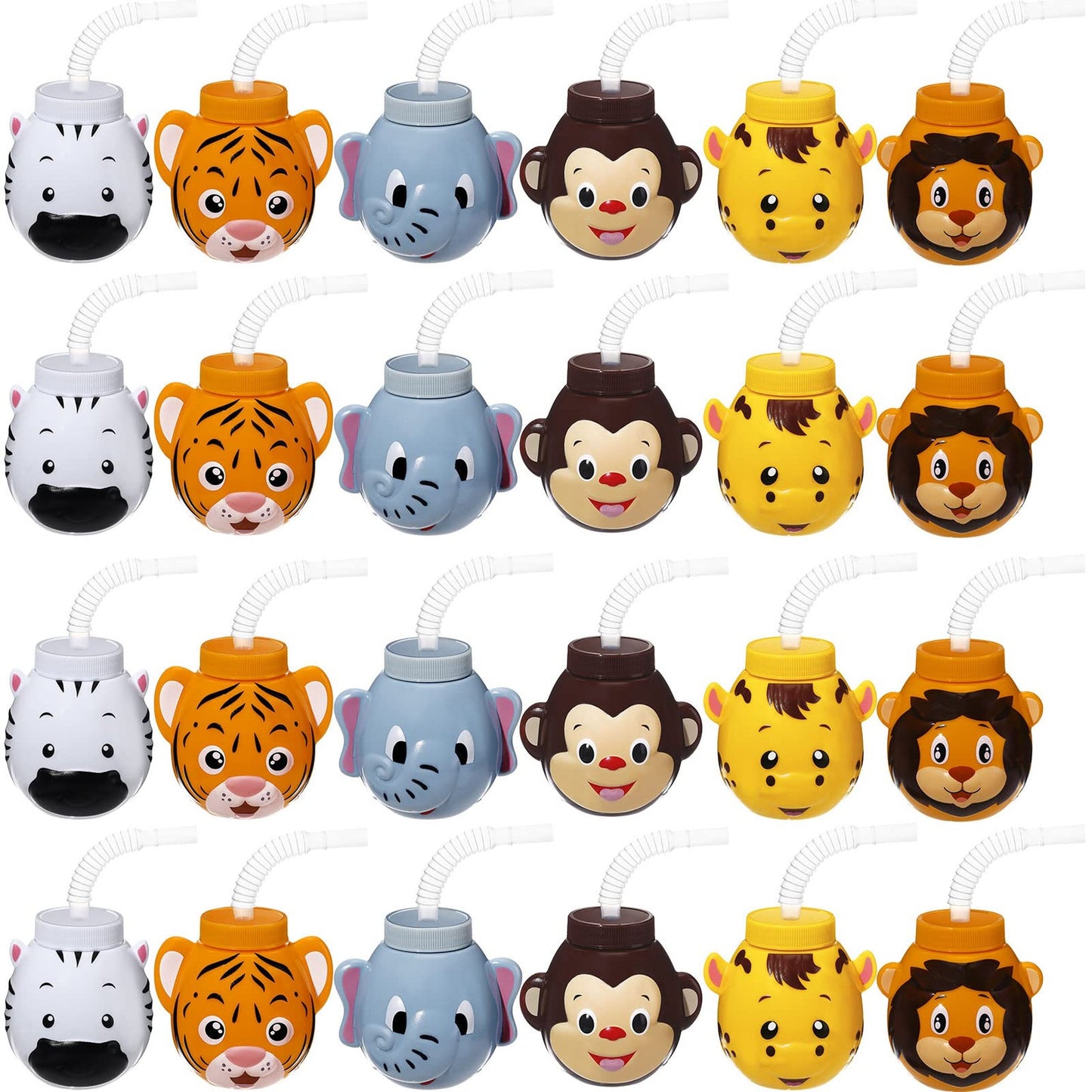 Safari Jungle Cups & Straws Set - 24 Pack of Reusable Plastic Zoo Animal Theme Party Cups with Lids, 10 oz Kids Cups for Elephant, Monkey, Tiger, Zebra, Giraffe - Safari Birthday Party Supplies
