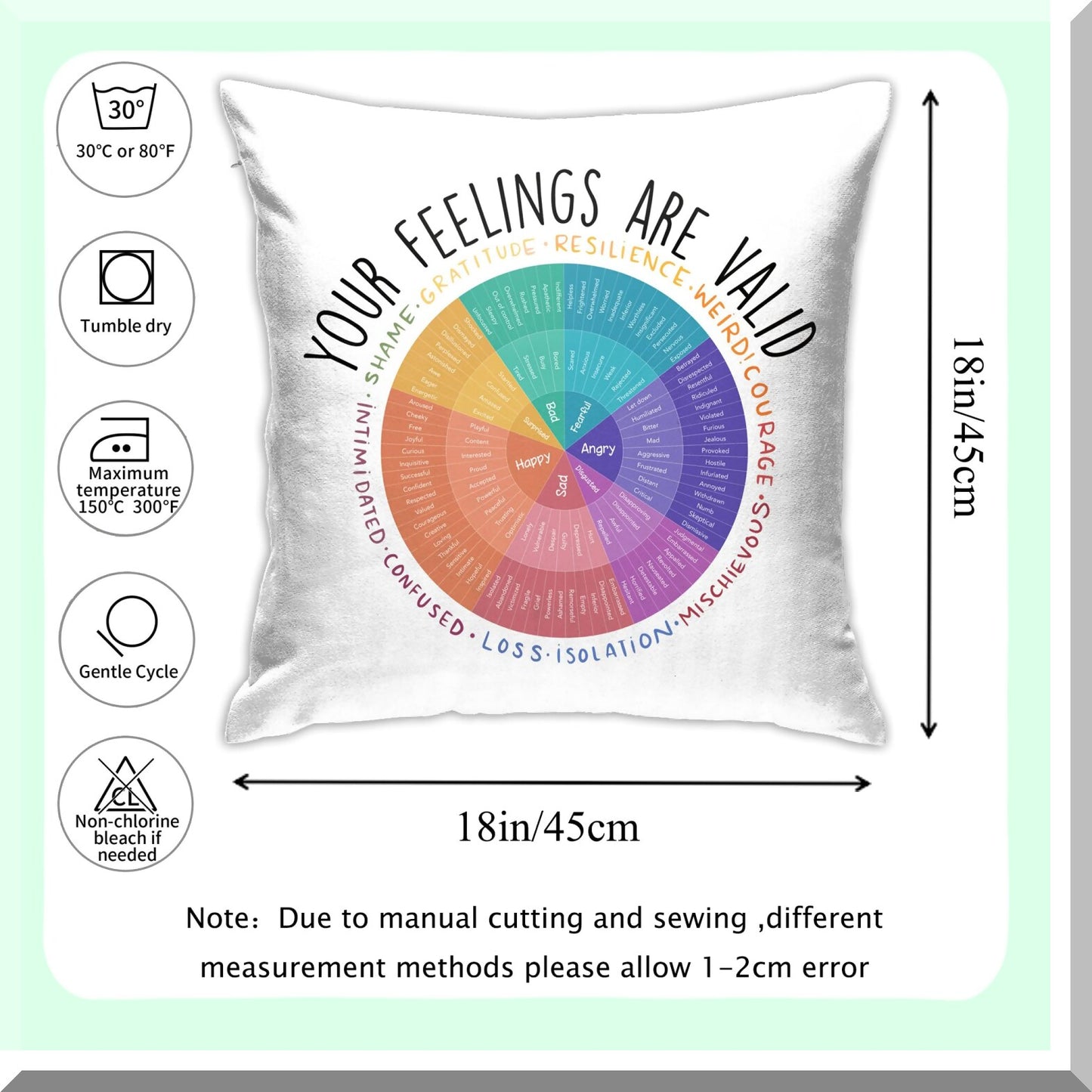 Mindful Emotions Pillow Cover - Mental Health Gift for Psychologist, Therapist - Feelings Wheel Cushion - Psychology Major Birthday Gift - 18x18 in