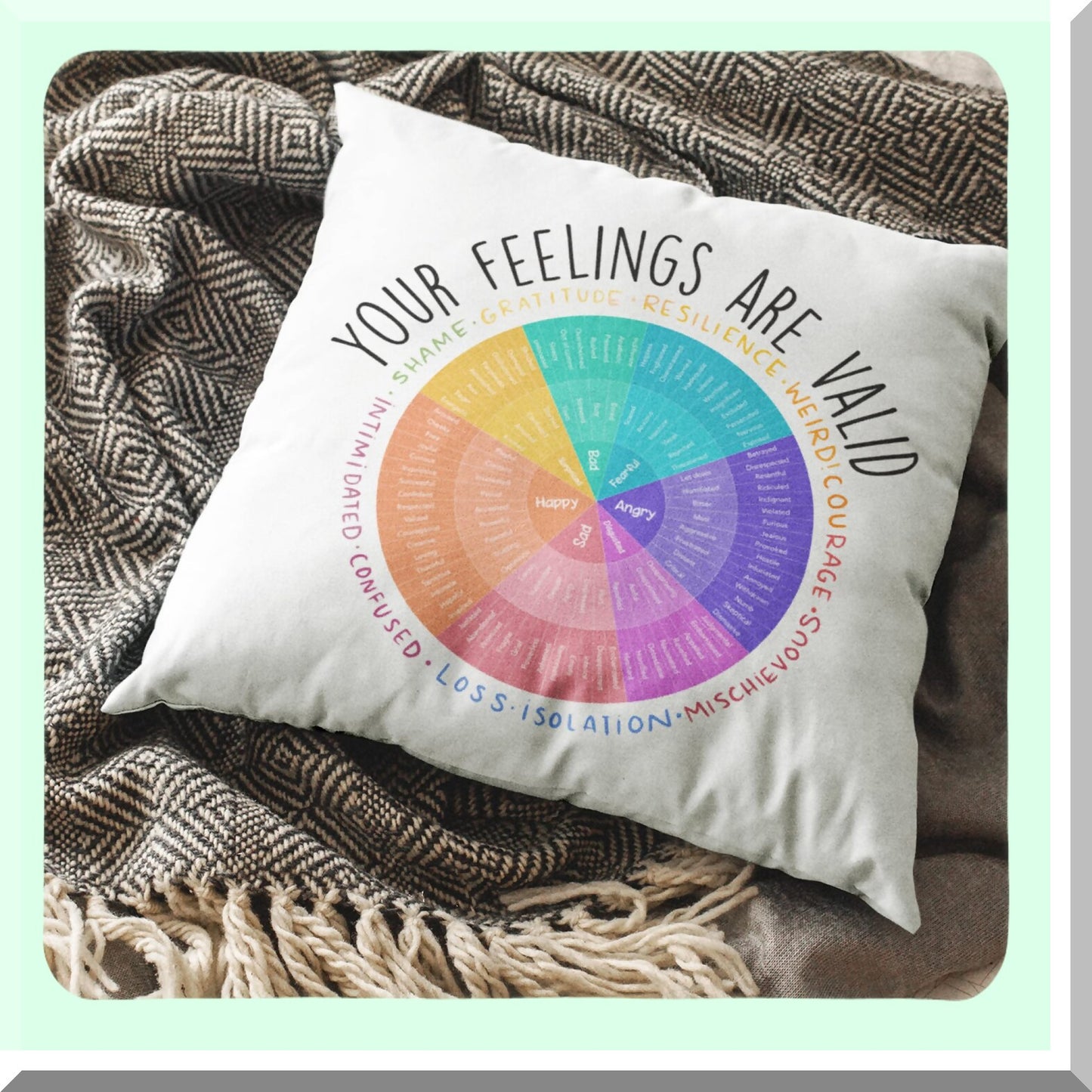 Mindful Emotions Pillow Cover - Mental Health Gift for Psychologist, Therapist - Feelings Wheel Cushion - Psychology Major Birthday Gift - 18x18 in