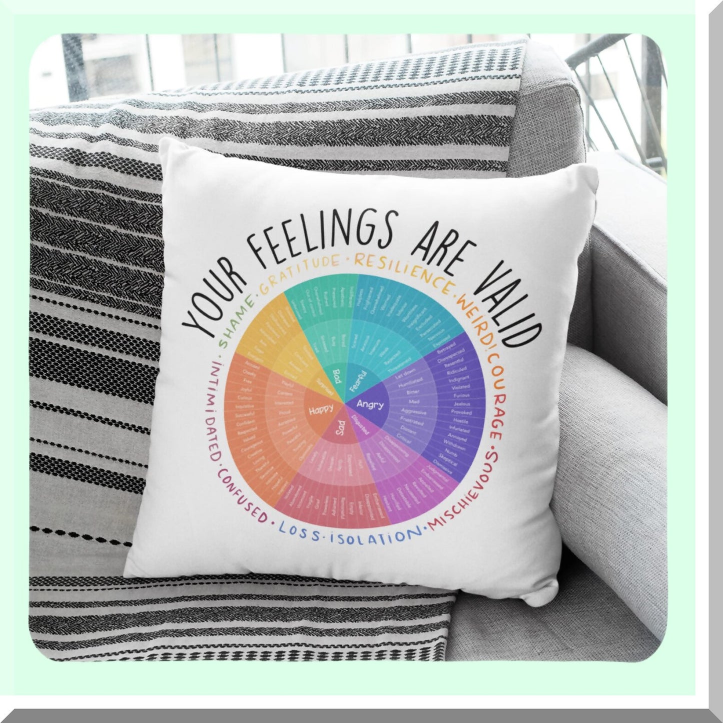 Mindful Emotions Pillow Cover - Mental Health Gift for Psychologist, Therapist - Feelings Wheel Cushion - Psychology Major Birthday Gift - 18x18 in