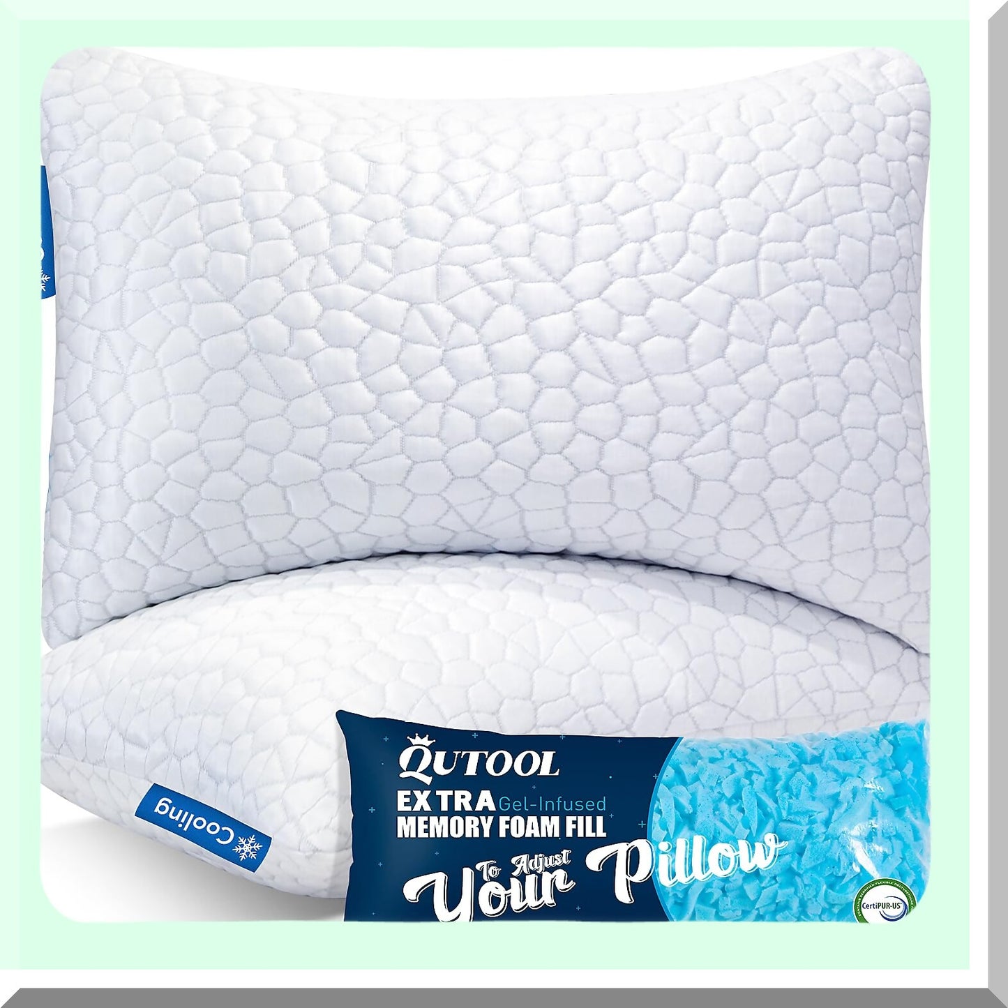 CoolBreeze Memory Foam Pillow Set - Queen Size 2 Pack, Adjustable Firm Support for Side and Back Sleepers, Cooling Gel Infused with Bamboo Cover