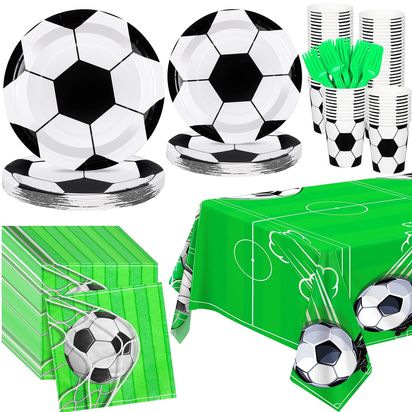 Soccer Kickoff Party Pack - Complete Soccer Party Tableware Set with Plates, Napkins, Cups, Tablecloth, and Forks for Soccer Theme Decoration