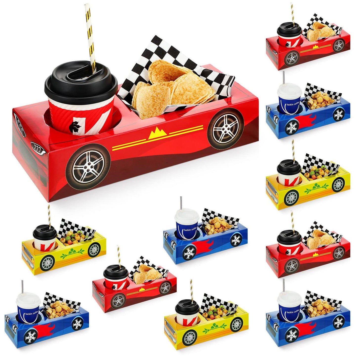 Race Car Party Pack - 12 Food Boxes & Checkered Napkins for Birthday Celebration! Perfect for Race Car Themed Parties in Red, Blue, Yellow. Get Yours Now!