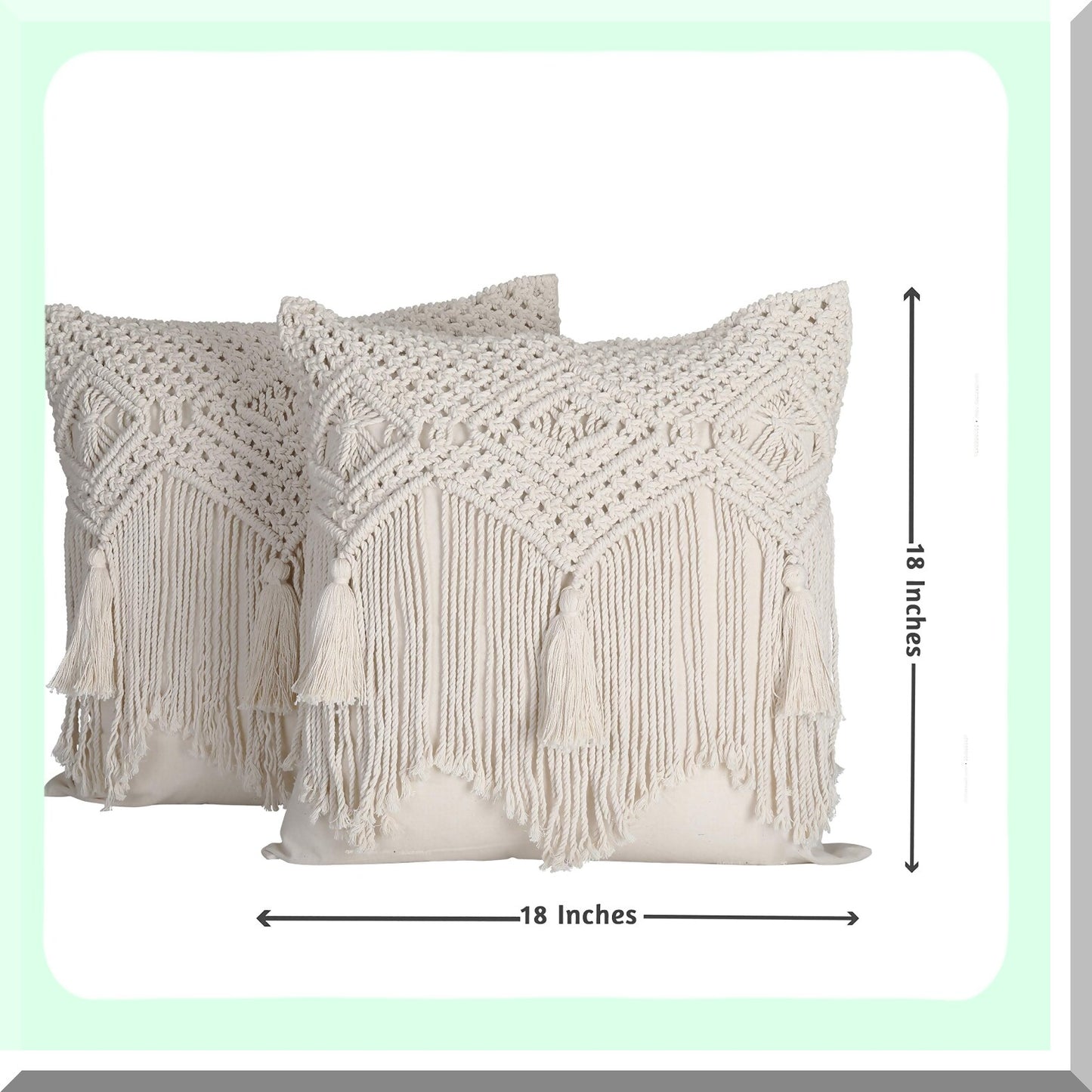 Boho Macrame Farmhouse Pillow Covers - Set of 2 Decorative Pillowcases for Bed, Couch or Sofa - 18X18 Modern Bohemian Design with Tels in Natural White