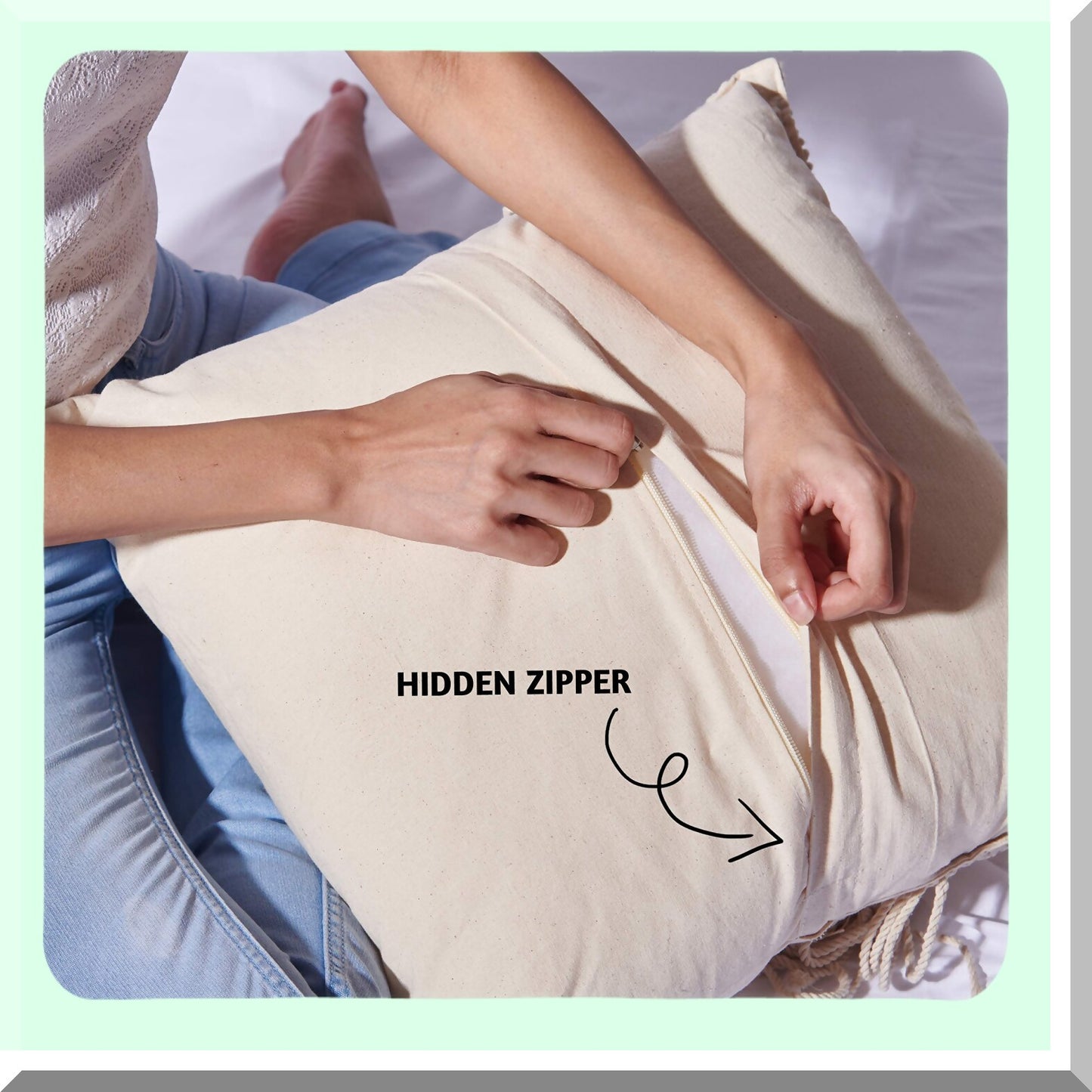 Boho Macrame Farmhouse Pillow Covers - Set of 2 Decorative Pillowcases for Bed, Couch or Sofa - 18X18 Modern Bohemian Design with Tels in Natural White