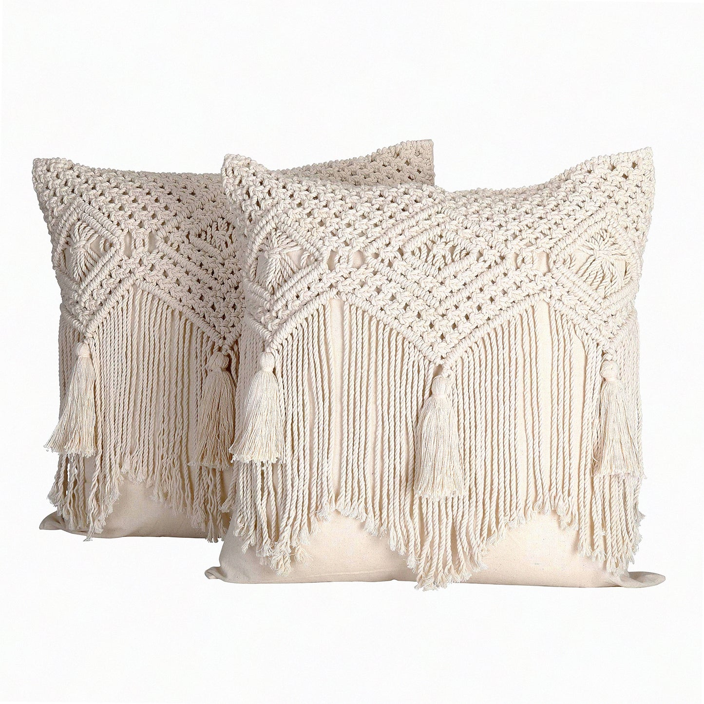 Boho Macrame Farmhouse Pillow Covers - Set of 2 Decorative Pillowcases for Bed, Couch or Sofa - 18X18 Modern Bohemian Design with Tels in Natural White