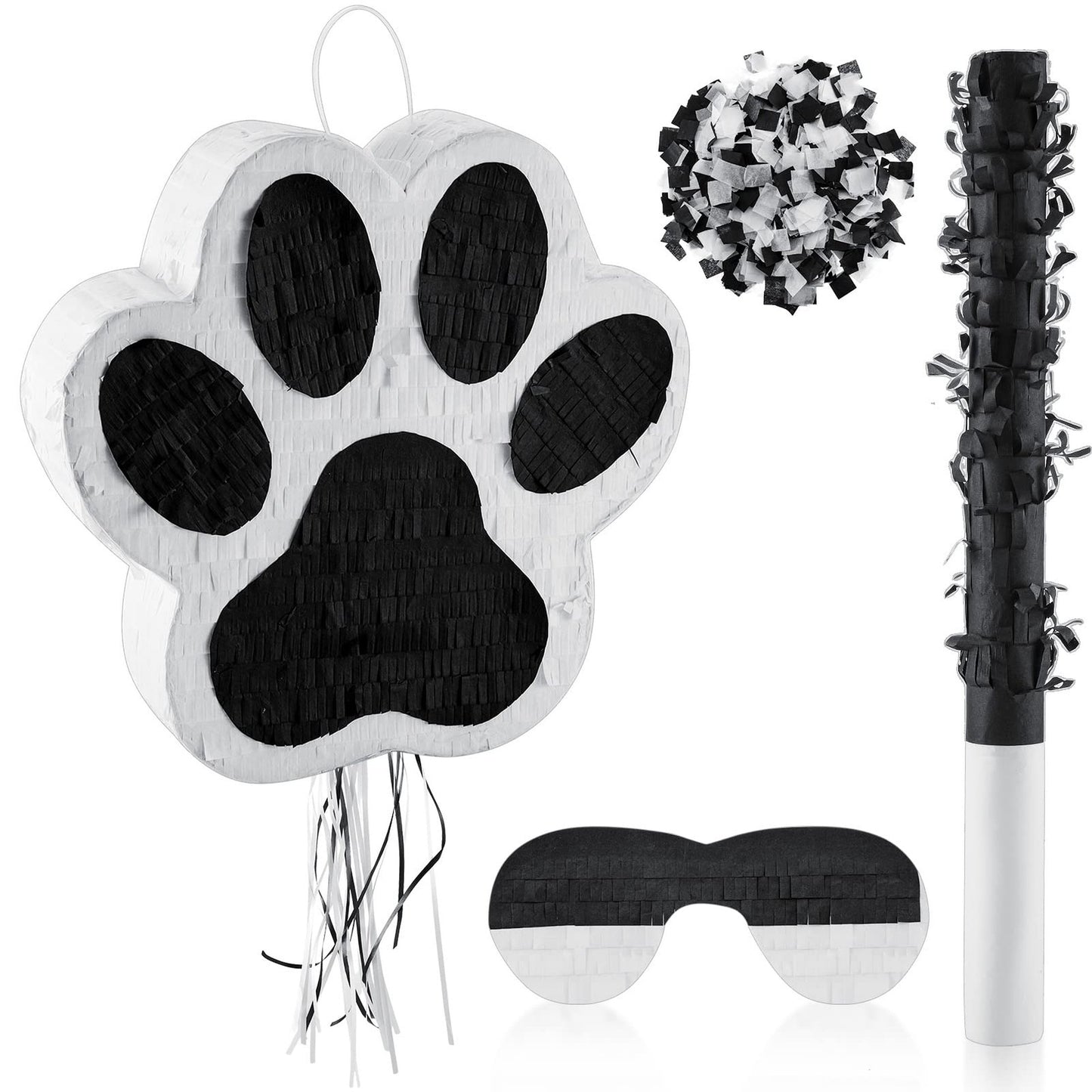 Black Paw Pinata Party Set - 12.9 Inch Dog Birthday Supplies with Blindfold, Bat, Confetti Paper - Puppy Themed Decorations for Dog's Day Bash