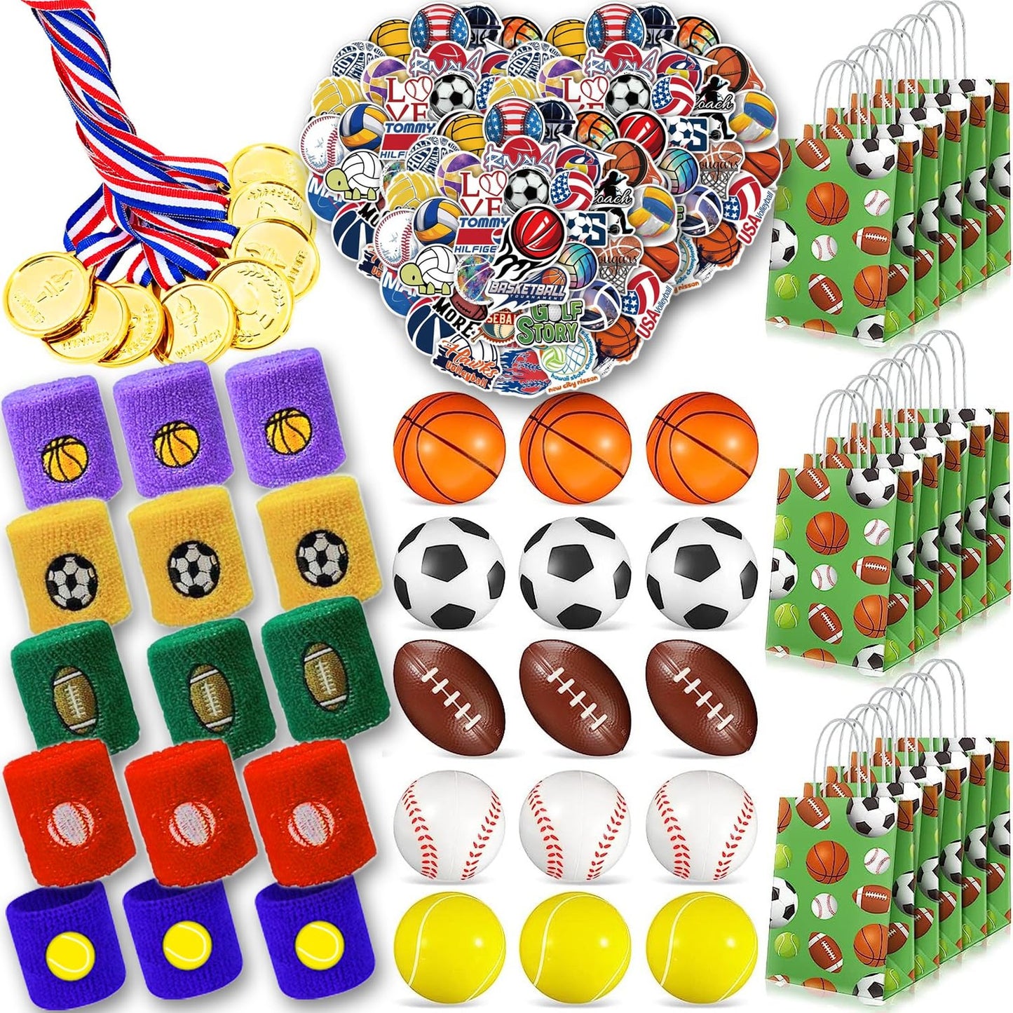 Sports Champ Party Pack - 210 Pcs Set with Winner Medals, Foam Balls, Treat Bags, Stickers. Perfect for Basketball, Football, Baseball, Soccer, Tennis. Ideal for Clroom Prizes.