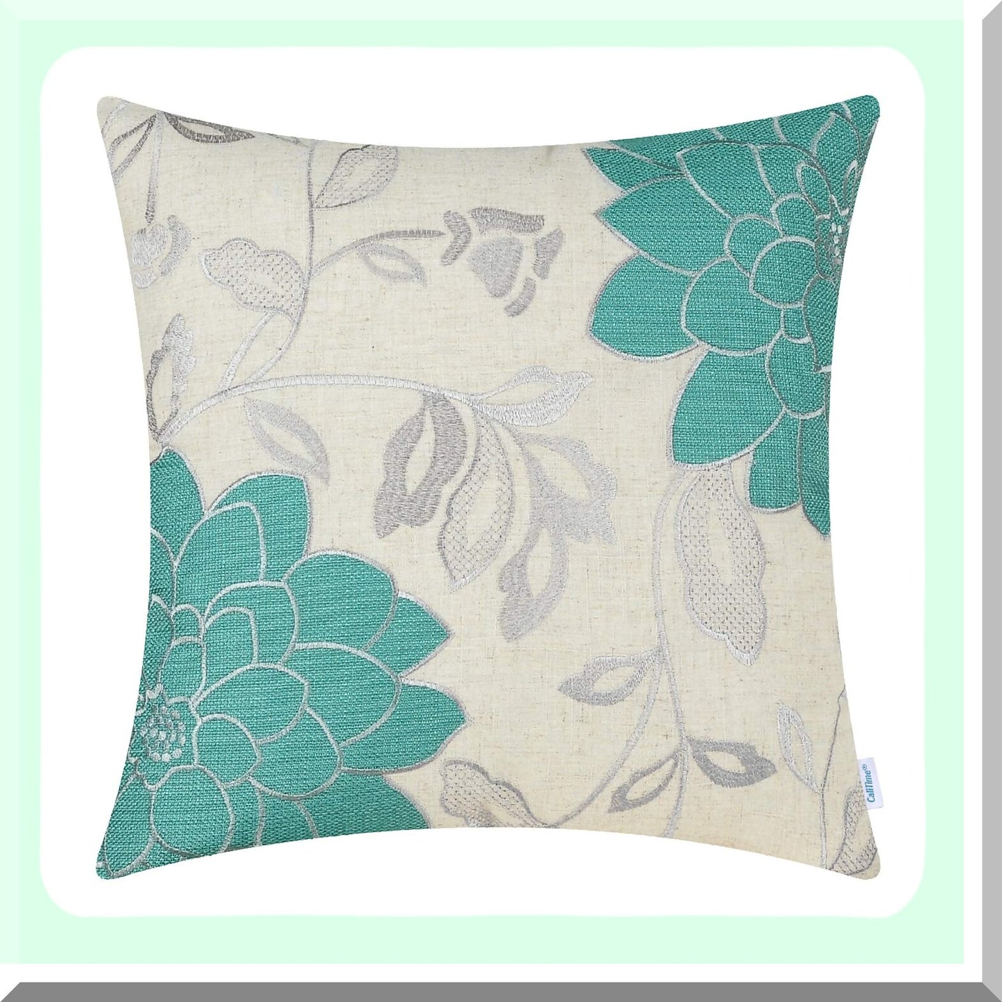 Vintage Dahlia Floral Embroidered Throw Pillow Cover - Teal & Silver Decorative Cushion Case for Couch Sofa - 20x20 Inch Home Decoration