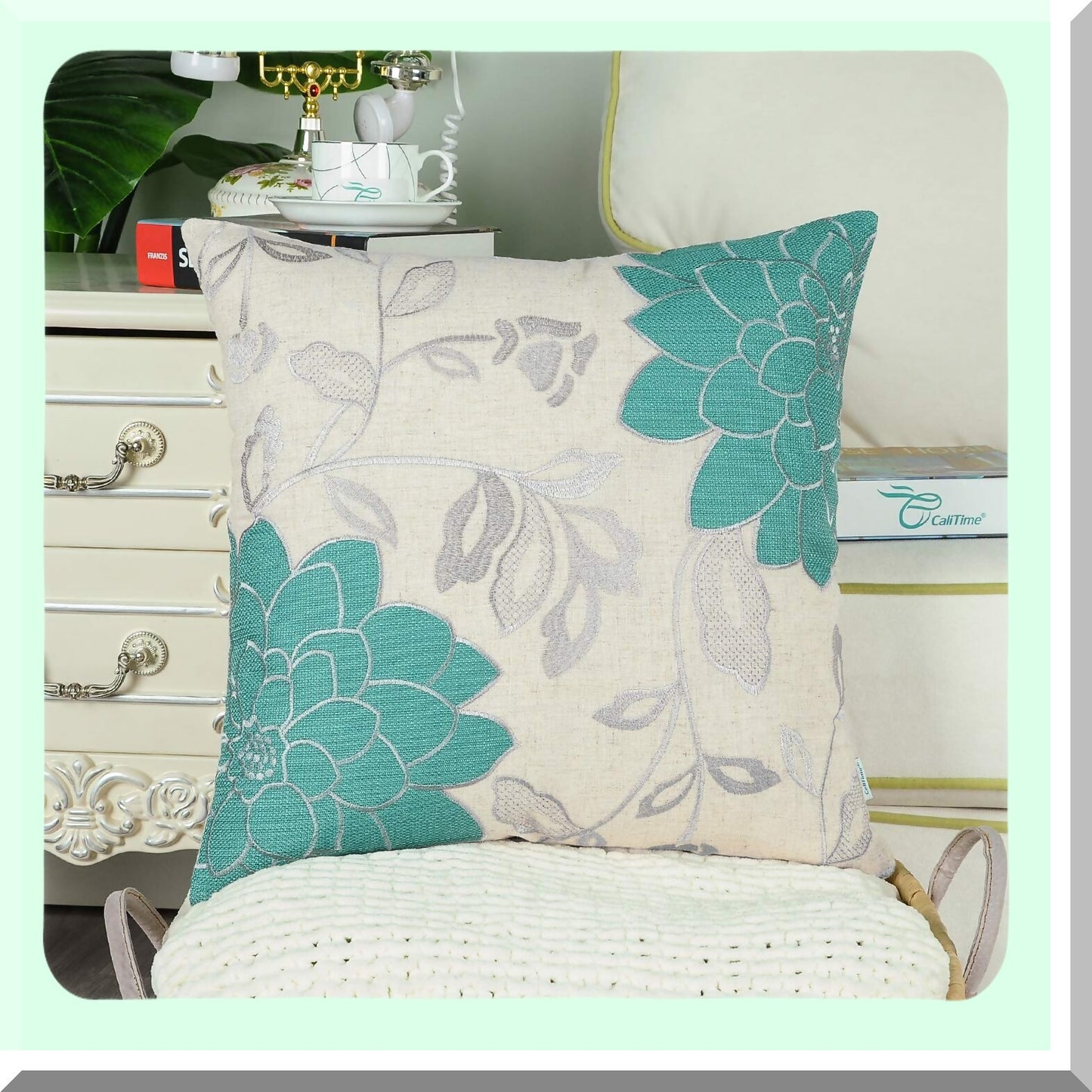 Vintage Dahlia Floral Embroidered Throw Pillow Cover - Teal & Silver Decorative Cushion Case for Couch Sofa - 20x20 Inch Home Decoration