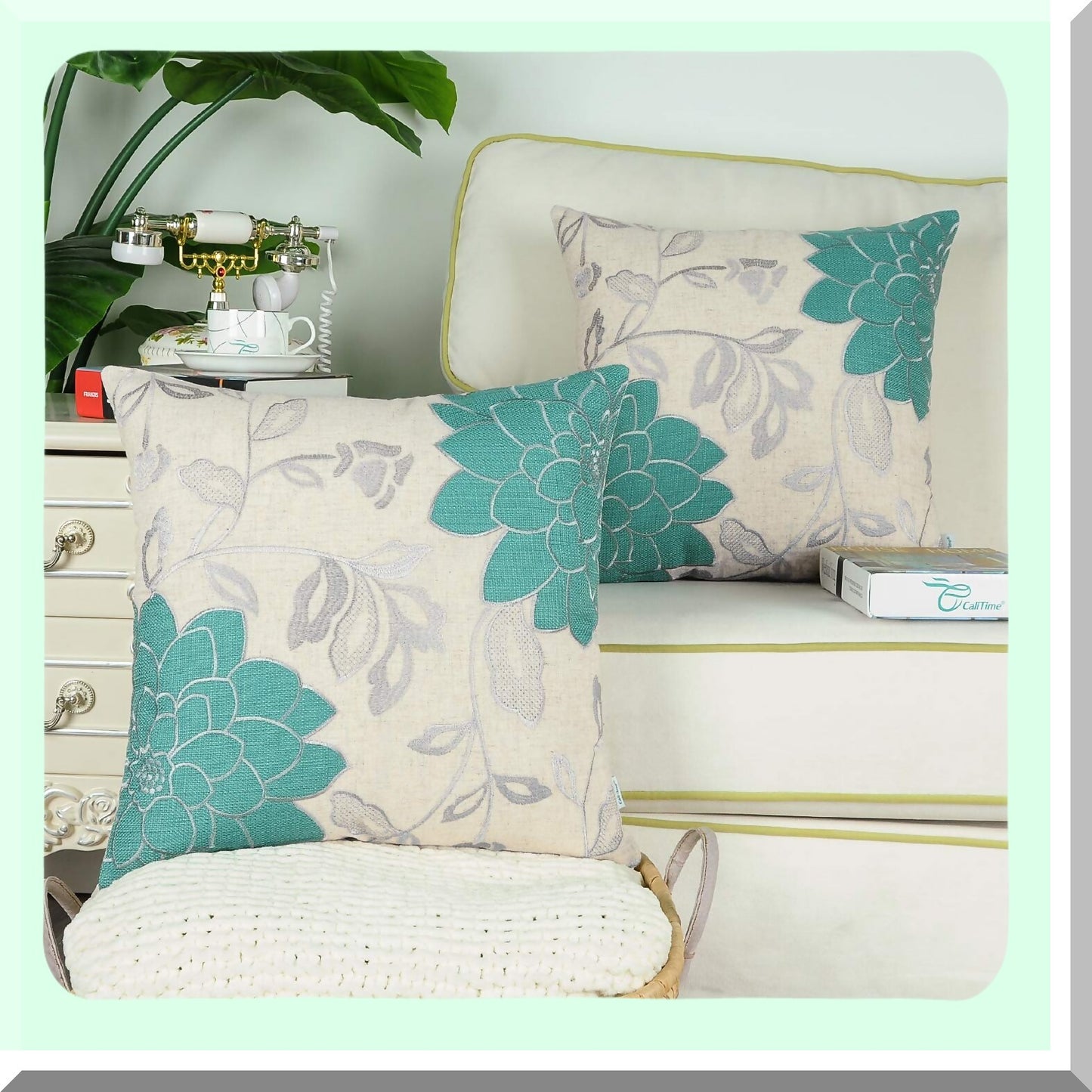 Vintage Dahlia Floral Embroidered Throw Pillow Cover - Teal & Silver Decorative Cushion Case for Couch Sofa - 20x20 Inch Home Decoration