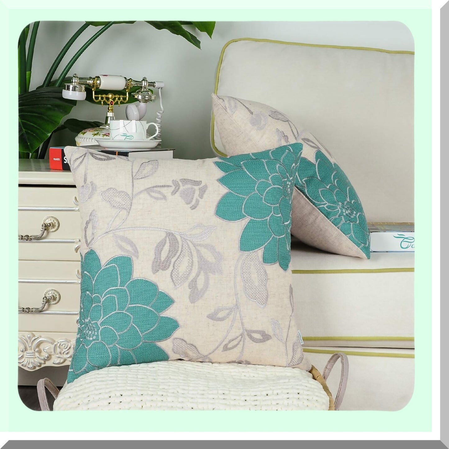 Vintage Dahlia Floral Embroidered Throw Pillow Cover - Teal & Silver Decorative Cushion Case for Couch Sofa - 20x20 Inch Home Decoration