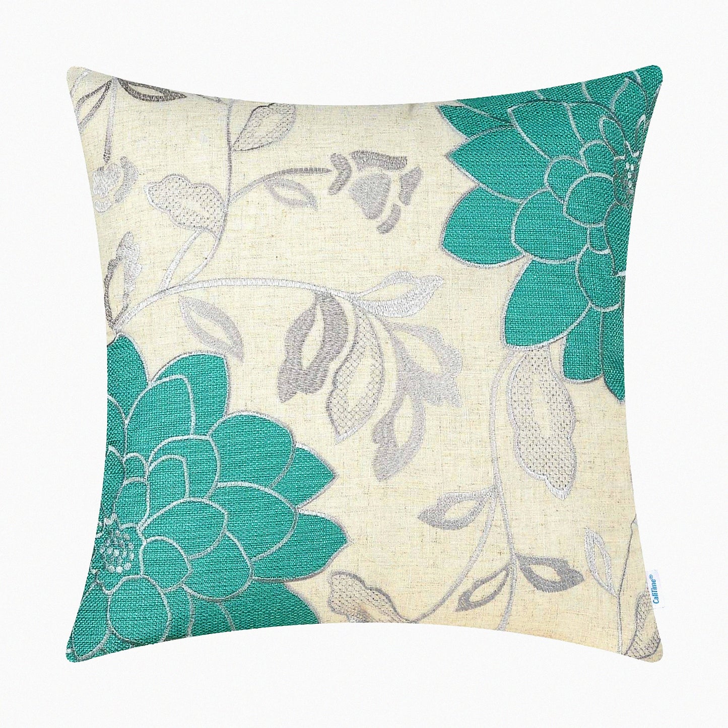 Vintage Dahlia Floral Embroidered Throw Pillow Cover - Teal & Silver Decorative Cushion Case for Couch Sofa - 20x20 Inch Home Decoration