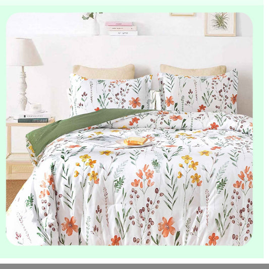 Floral Leaf Reversible Comforter Set - Vintage Farmhouse Bedding - Soft Microfiber Duvet - White Yellow Green Pattern Print - 3PC Bed Sets - 80 x 90 - Down Alternative - Bag for Women Men