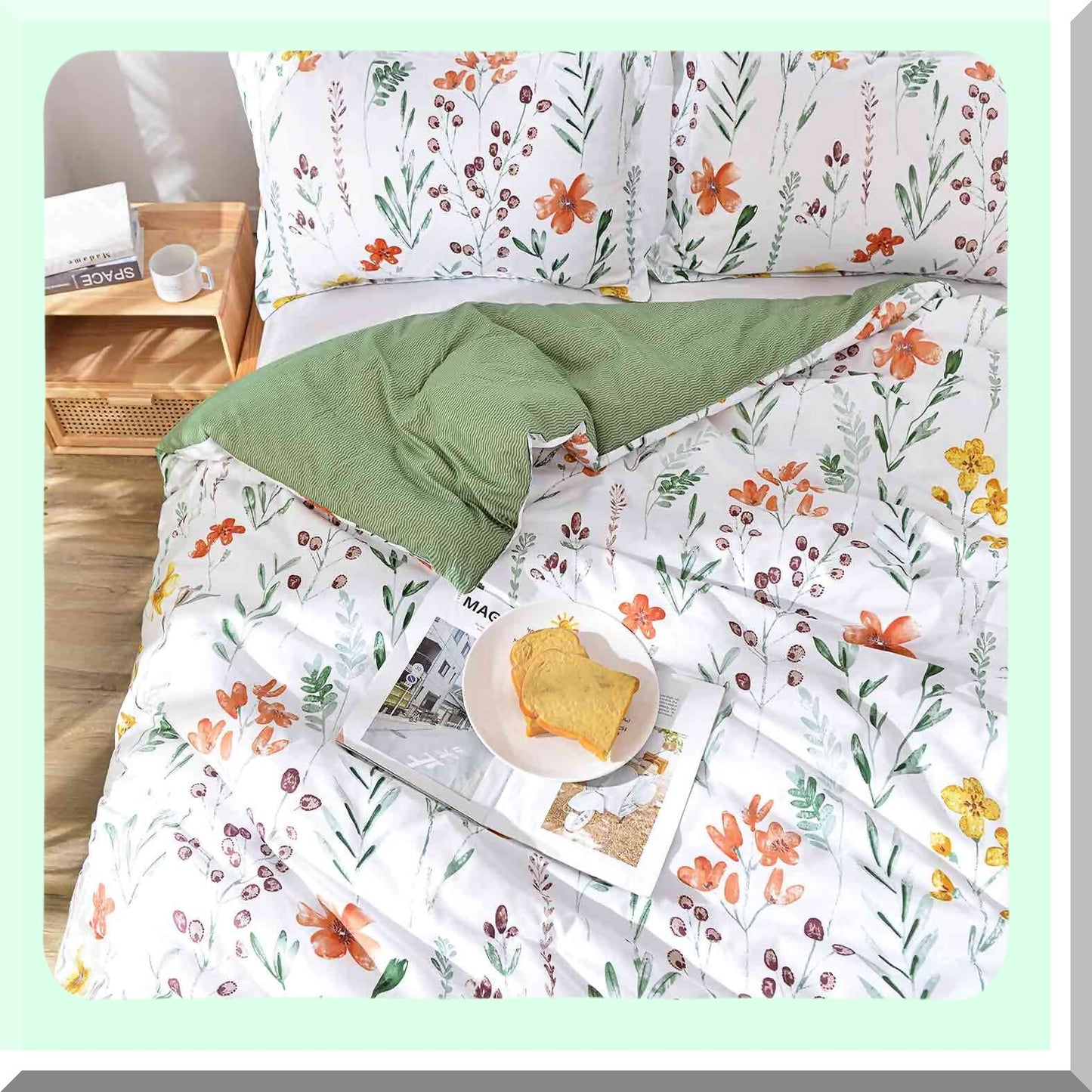 Floral Leaf Reversible Comforter Set - Vintage Farmhouse Bedding - Soft Microfiber Duvet - White Yellow Green Pattern Print - 3PC Bed Sets - 80 x 90 - Down Alternative - Bag for Women Men