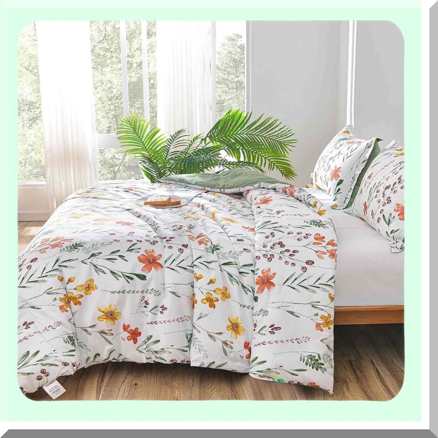 Floral Leaf Reversible Comforter Set - Vintage Farmhouse Bedding - Soft Microfiber Duvet - White Yellow Green Pattern Print - 3PC Bed Sets - 80 x 90 - Down Alternative - Bag for Women Men